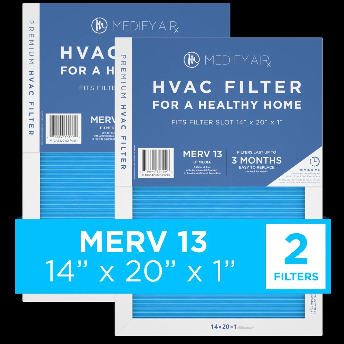 Medify Air 14x20x1 Pleated Filter 95% Particles HEPA Air Cleaning (MERV 13; 2-Pack)
