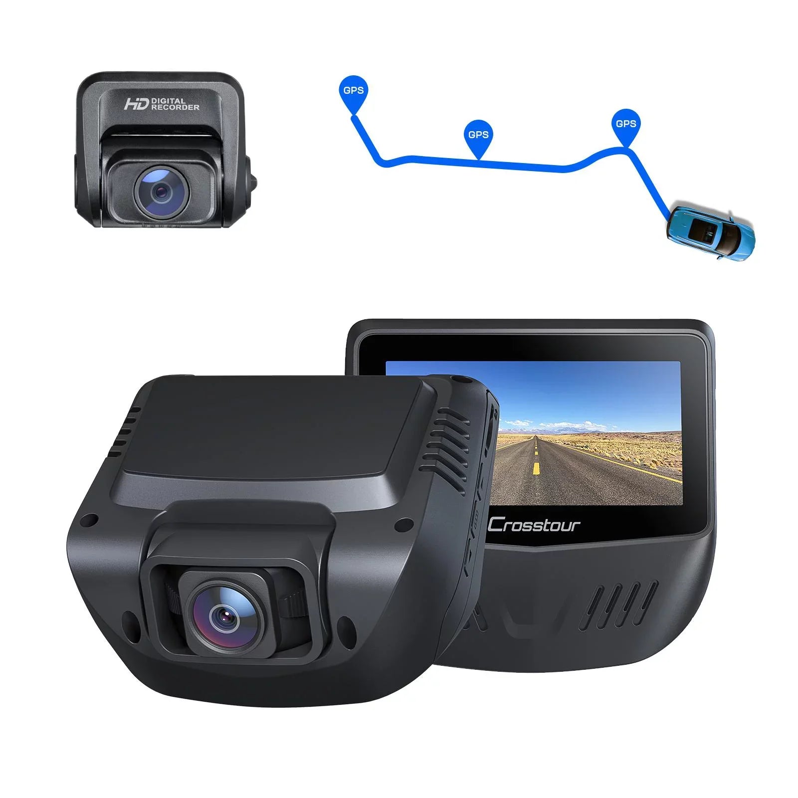 Dash Cam Front Rear; 1080P Dash Camera for Cars; 3” IPS Screen; External GPS Supported; 170°Wide Angle