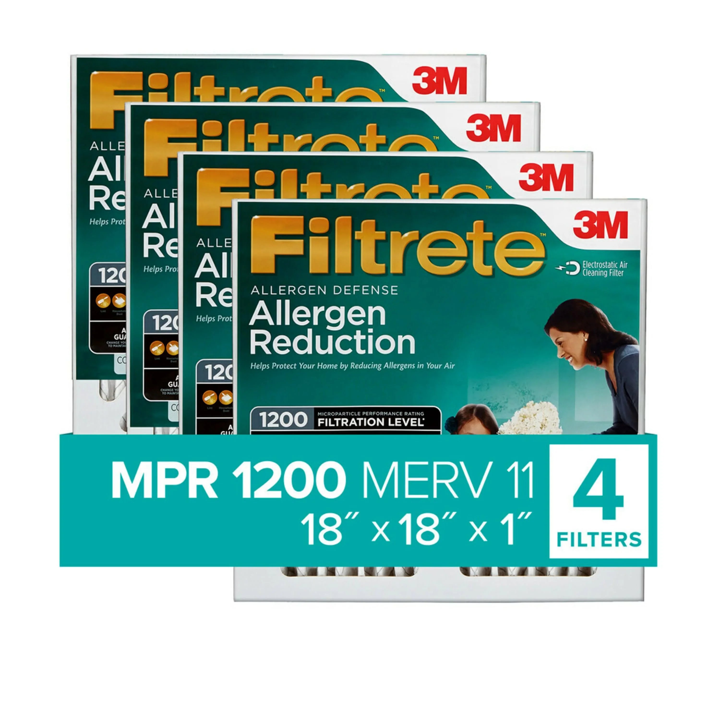 Filtrete by 3M 18x18x1; MERV 11; Allergen Reduction HVAC Furnace Air Filter; 1200 MPR; 4 Filters