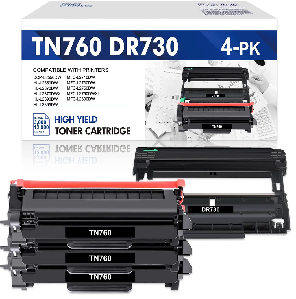 TN-760 Toner Cartridge and DR-730 Drum Unit Set Compatible for Brother DCP-L2550DW HL-L2350DW MFC-L2710DW MFC-L2690DW Printer (3x TN760 Toner; 1x DR730 Drum Unit )
