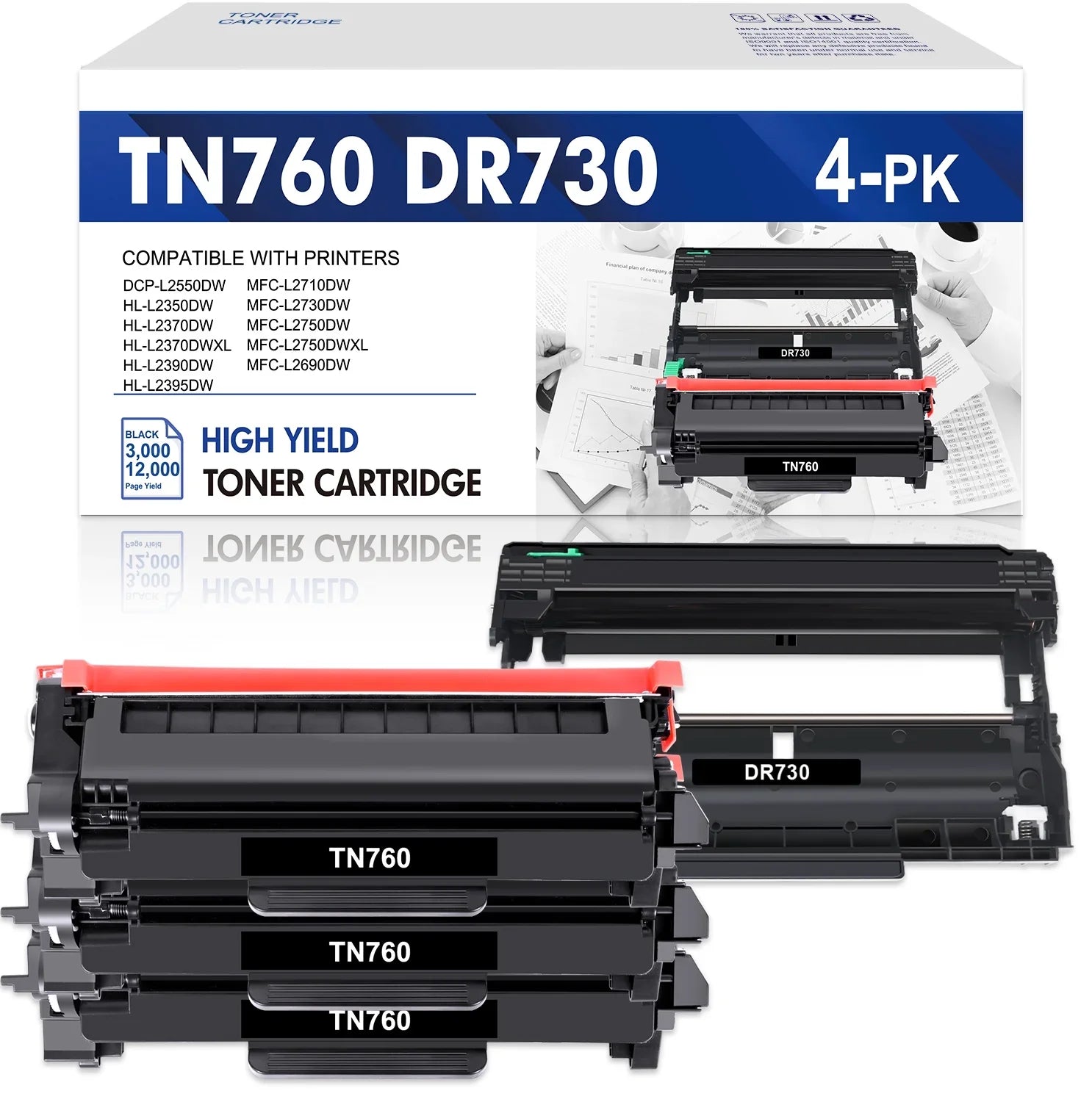 TN-760 Toner Cartridge and DR-730 Drum Unit Set Compatible for Brother DCP-L2550DW HL-L2350DW MFC-L2710DW MFC-L2690DW Printer (3x TN760 Toner; 1x DR730 Drum Unit )