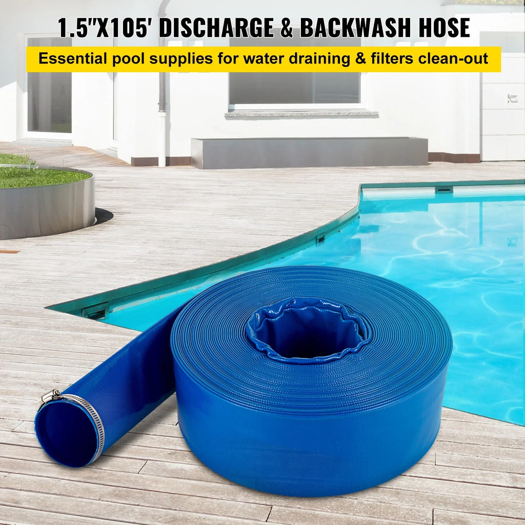 BENTISM Discharge Hose; 1-1/2" x 105'; Fabric Lay Flat Hose; Heavy Duty Backwash Drain Hose with Clamps; Weather-proof & Burst-proof; Ideal for Swimming Pool & Transfer