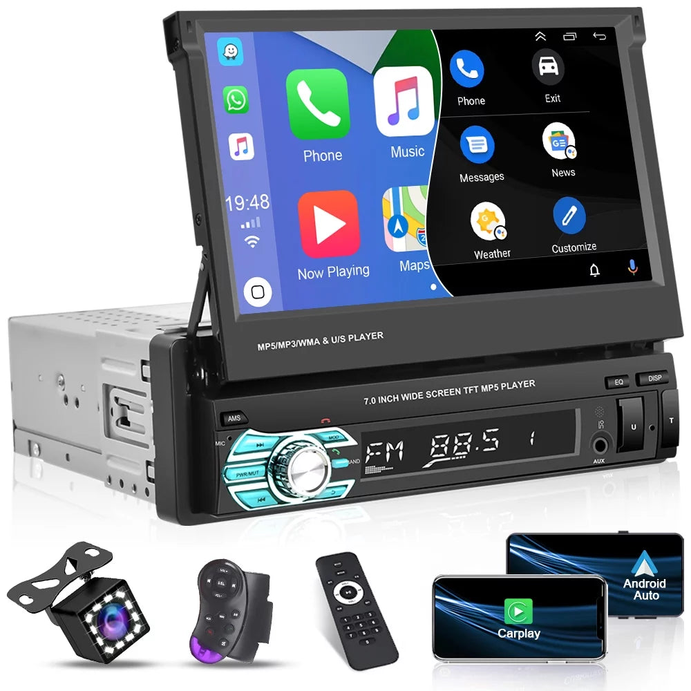 Podofo Universal Single 1 DIN 7" HD Touchscreen Retractable Car Stereo Radio Bluetooth Auto Apple Carplay Android Auto FM Video Player Mirror Link Function; with 12 LED Backup Camera