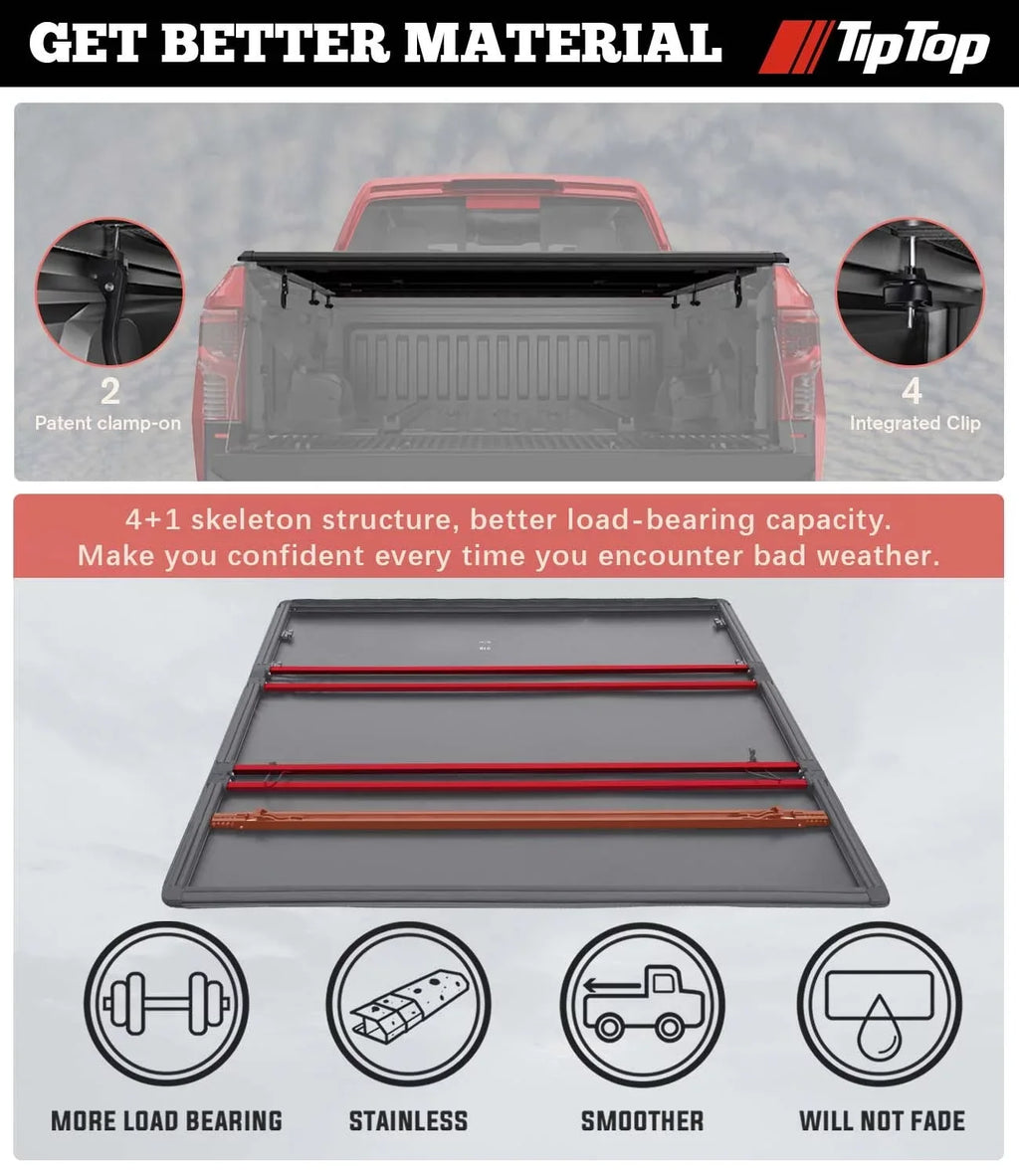 Tiptop Soft Folding Tonneau Cover Truck Bed For 2016-2023 Toyota Tacoma 5ft Bed (60.5") | TPX3 |For Models With or Without The Deck Rail System|