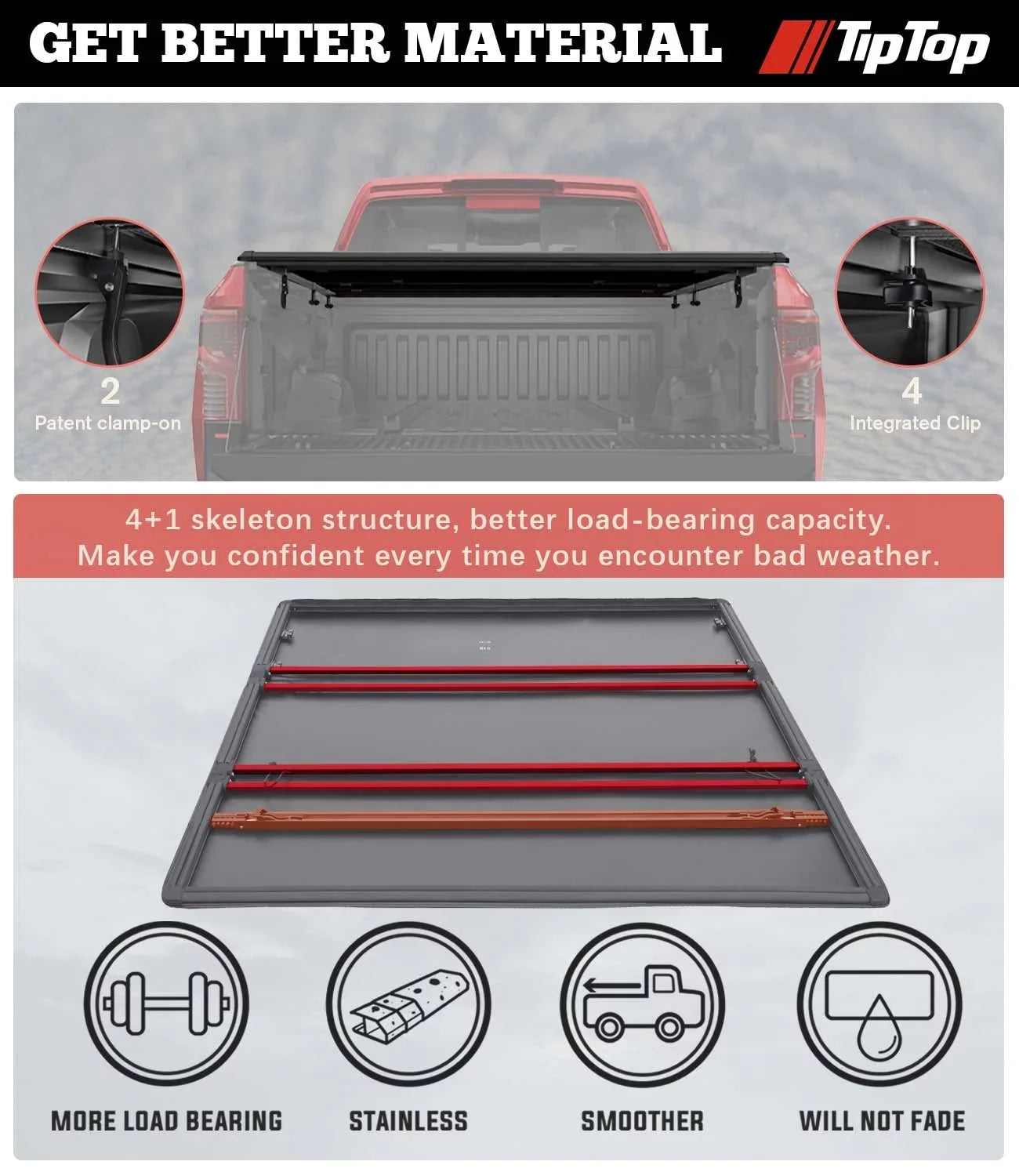Tiptop Soft Folding Tonneau Cover Truck Bed For 2016-2023 Toyota Tacoma 5ft Bed (60.5") | TPX3 |For Models With or Without The Deck Rail System|