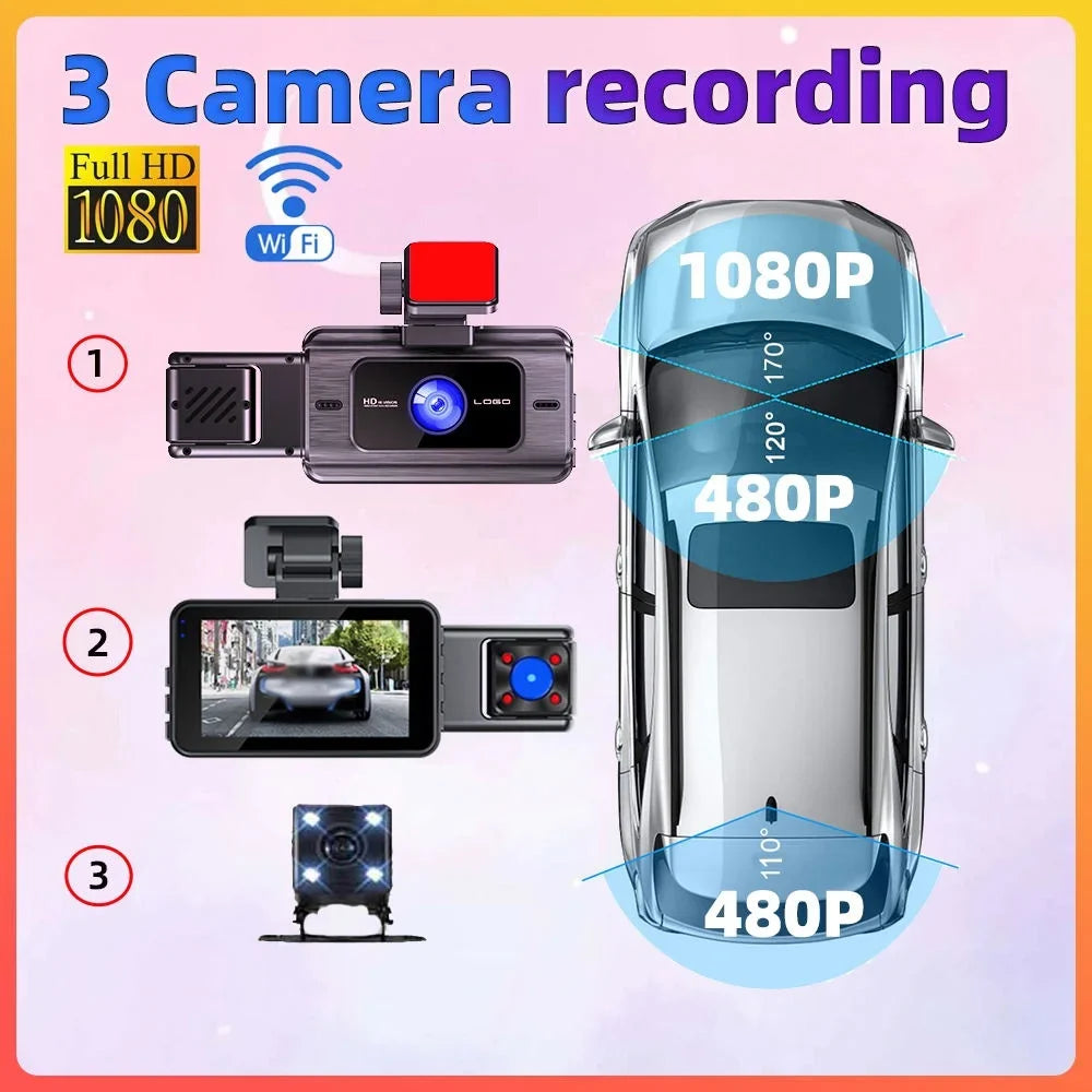 3 Channel Dash Cam Front and Rear Inside; 1080p 3 footes 170° Wide Angle Dashcam; Dash Camera for Cars with 128GB Card; Super Night Vision; G-Sensor; Motion Detection