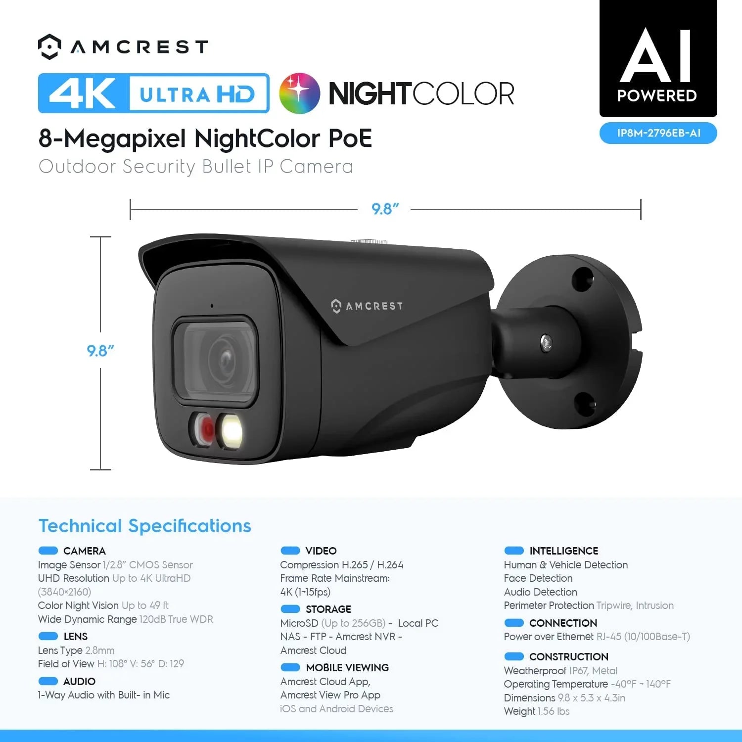 Amcrest 4K IP PoE AI Camera UltraHD 8MP Security Outdoor Camera; FOV 129°; 49ft Color Nightvision; Human & Vehicle Detection; IP67 Weatherproof; 4K (3840x2160) @15fps; Black; IP8M-2796EB-AI