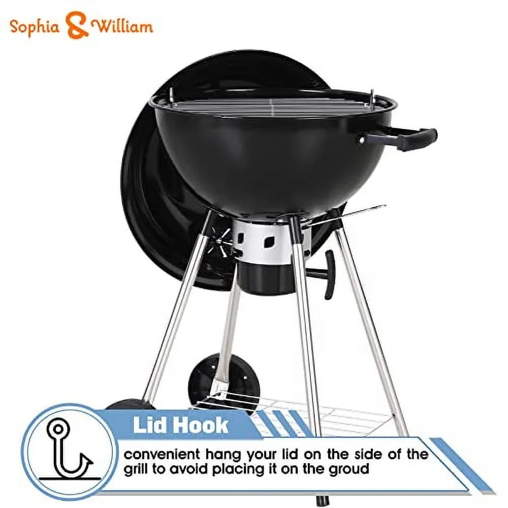 Sophia & William 18-inch Kettle Charcoal BBQ Grill with Porcelain-Enameled Lid and Bowl; Chromeplated Grate; Ash Catcher for Outdoor Picnic BBQ Patio Camping; Black