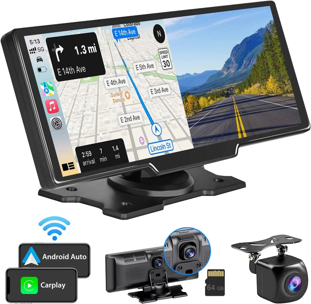 CAIHONG Portable Wireless Carplay Car Stereo with 2.5K Dash Cam - 9" HD IPS Screen; Android Auto; 1080p Backup Camera; Loop Recording; Bluetooth; GPS Navigation Head Unit; Car Radio Receiver