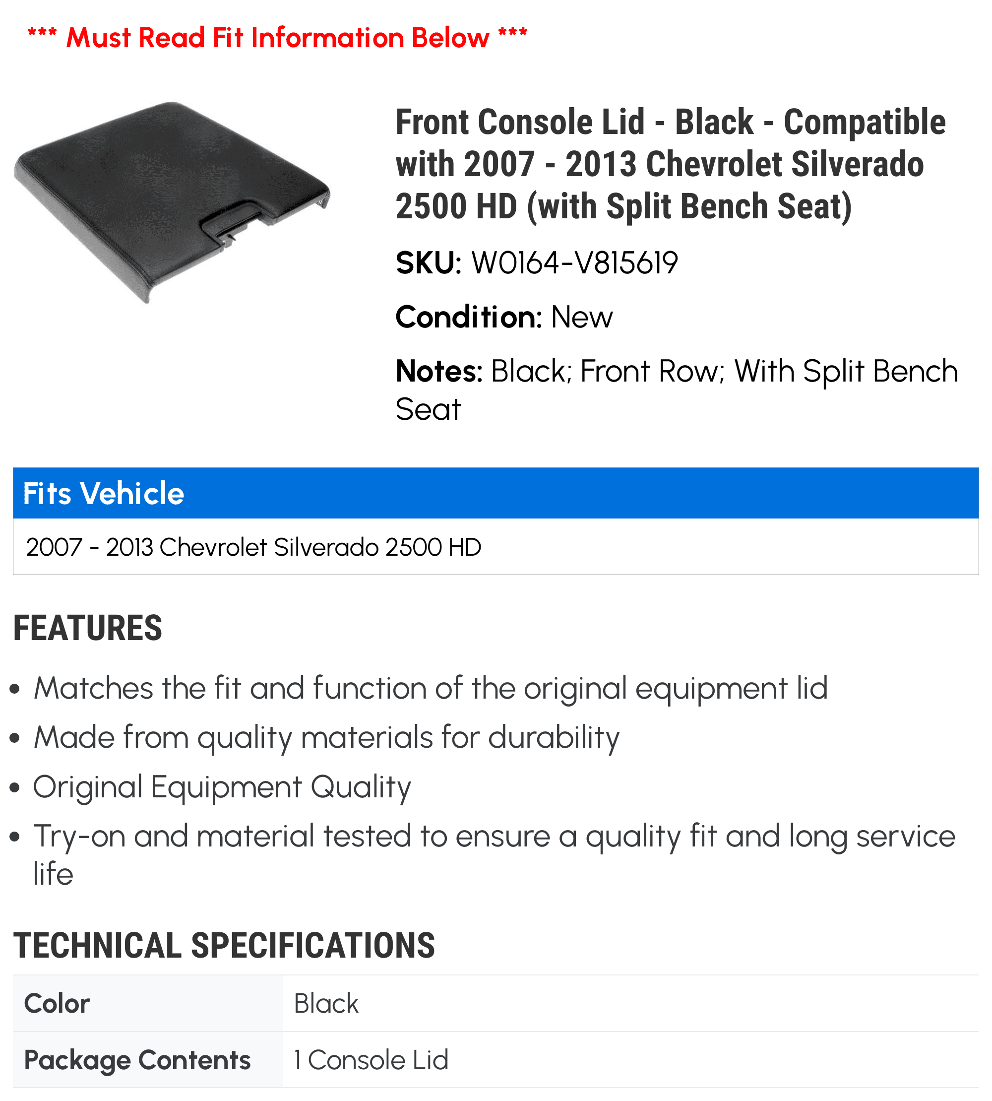 Front Console Lid - Black - Compatible with 2007 - 2013 Chevy Silverado 2500 HD (with Split Bench Seat) 2008 2009 2010 2011 2012