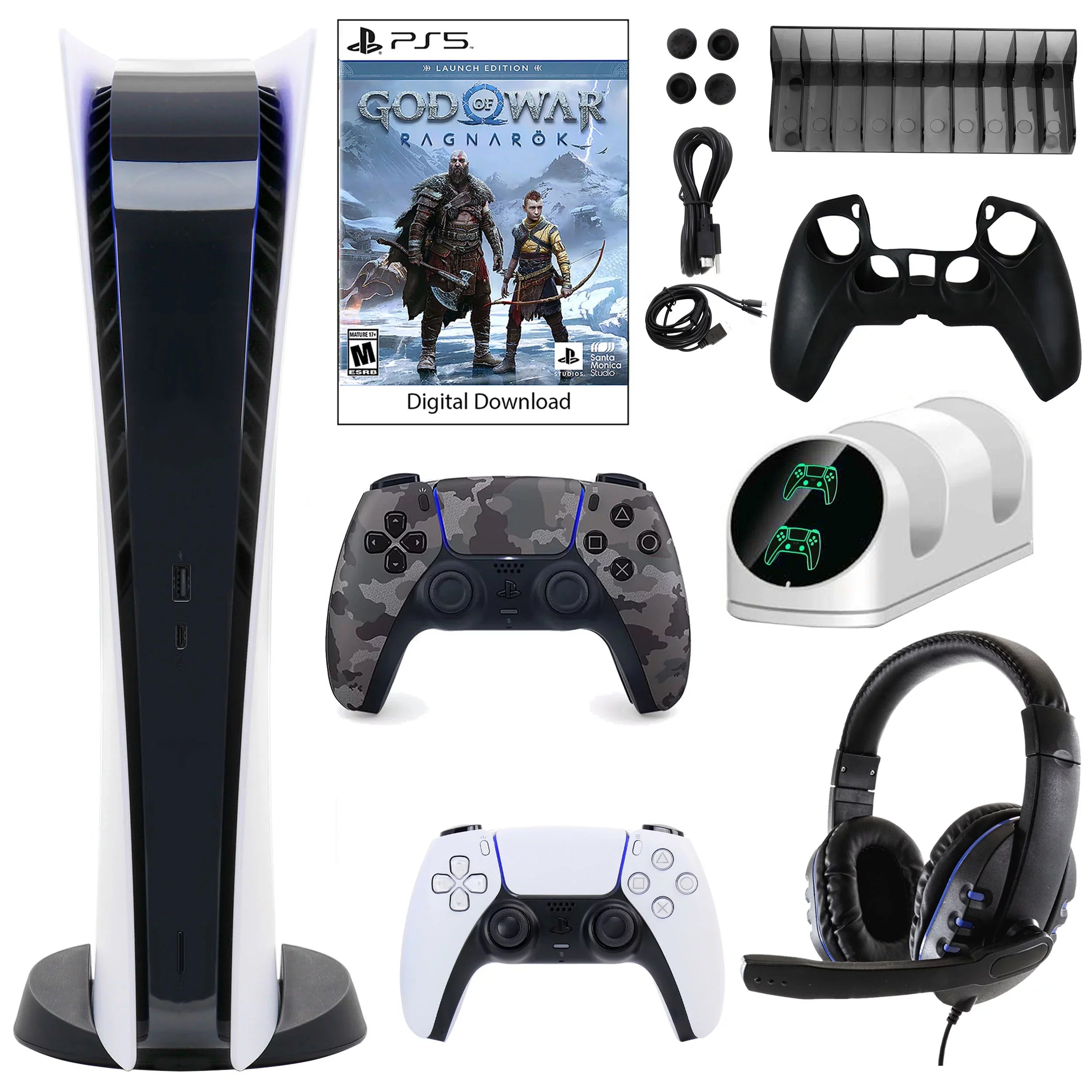 Sony PlayStation 5 Digital GOW Console with Extra Gray Camo Dualsense Controller and Accessories Kit
