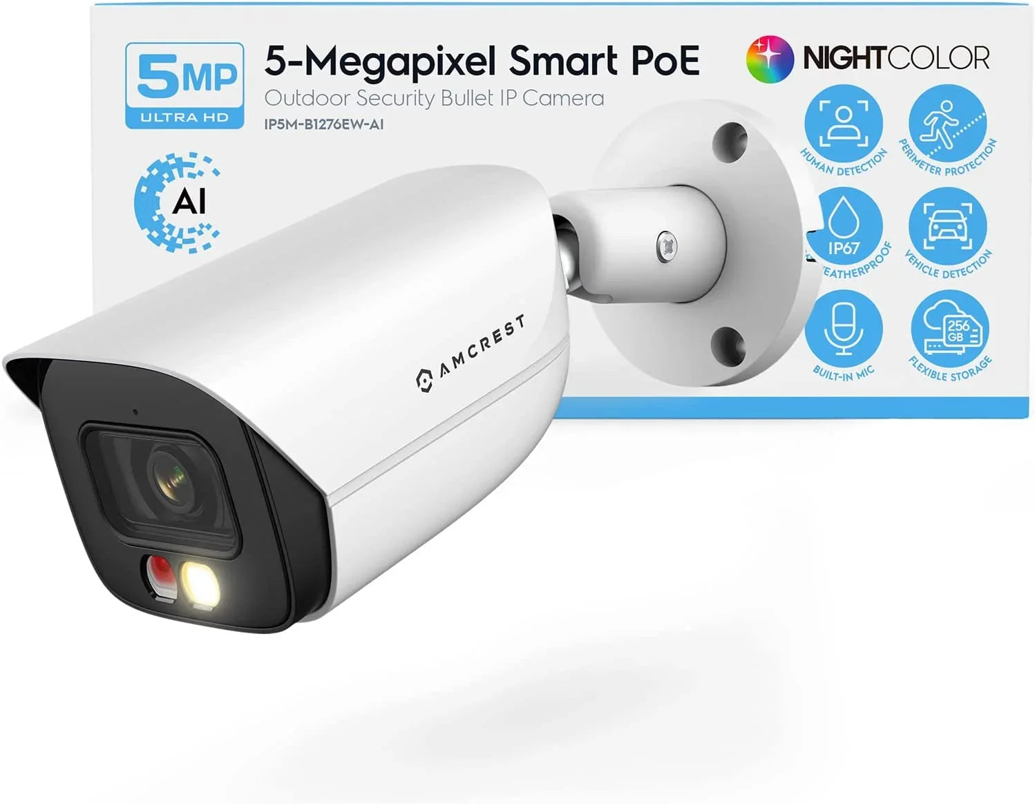 Amcrest AI Bullet IP PoE Camera w/ 49ft Color Night Vision; Security IP Camera Outdoor; Built-in Microphone; Human & Vehicle Detection; 129° FOV; 5MP@20fps IP5M-B1276EW-AI