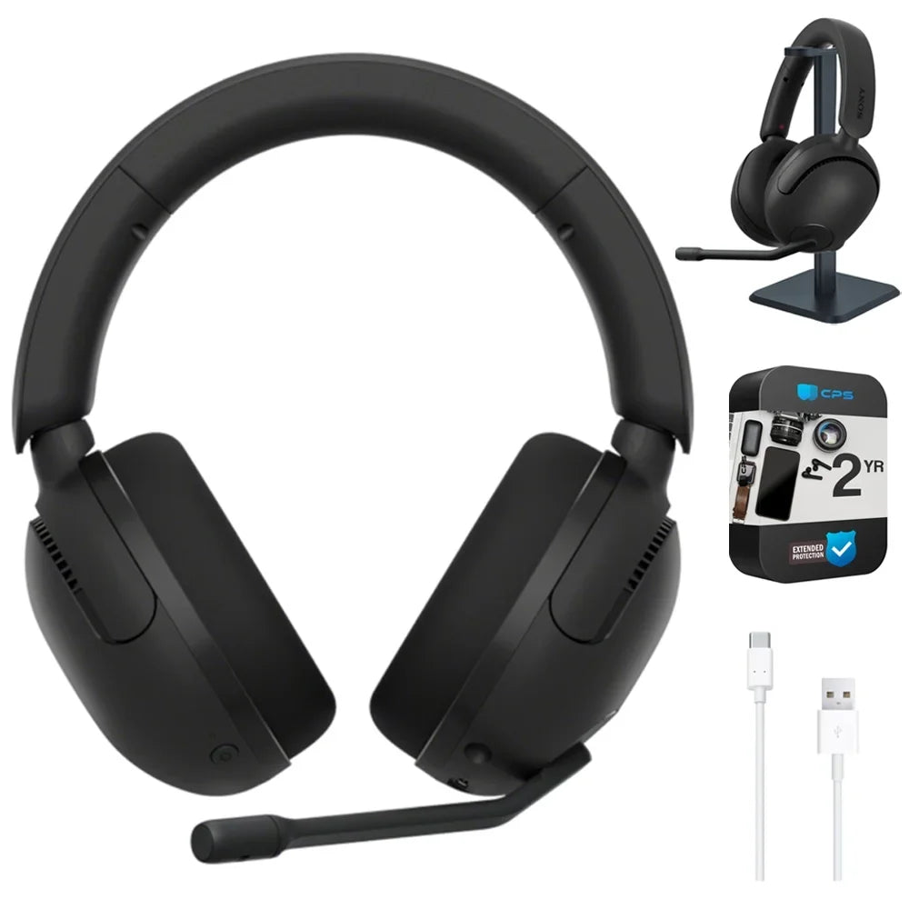 Sony WHG500/B INZONE H5 Wireless Noise Cancelling Gaming Headset; Black Bundle with Deco Gear Pro Audio Headphone Stand; 6 Foot USB-A to USB-C Cable & 2 YR CPS Enhanced Protection Pack