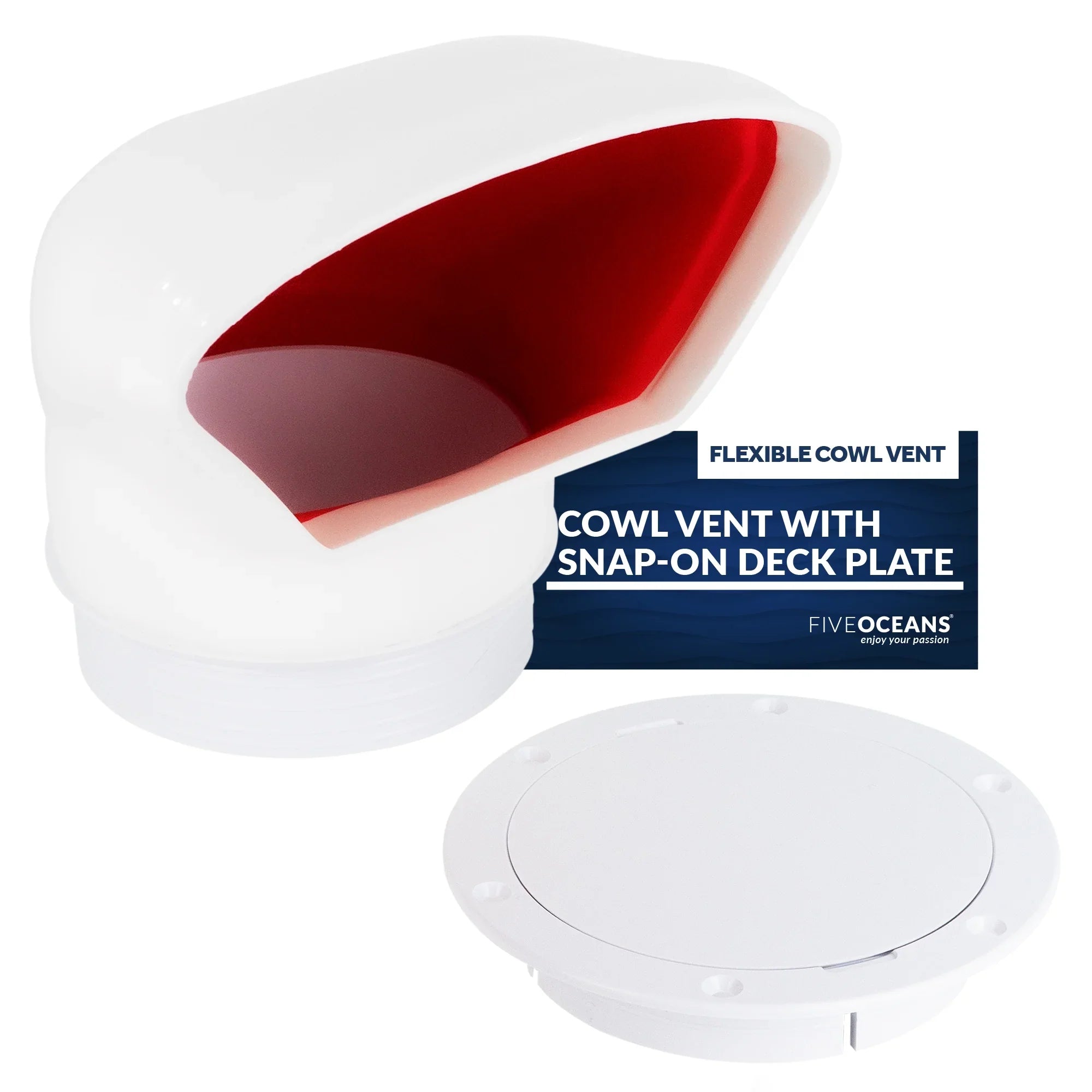 Five Oceans 3-foot Cowl Vent with Snap-On Deck Plate and Cover; Low Profile UV-Resistant and Flexible ; Red Interior; for Air Intake or Cabin Ventilation- FO88