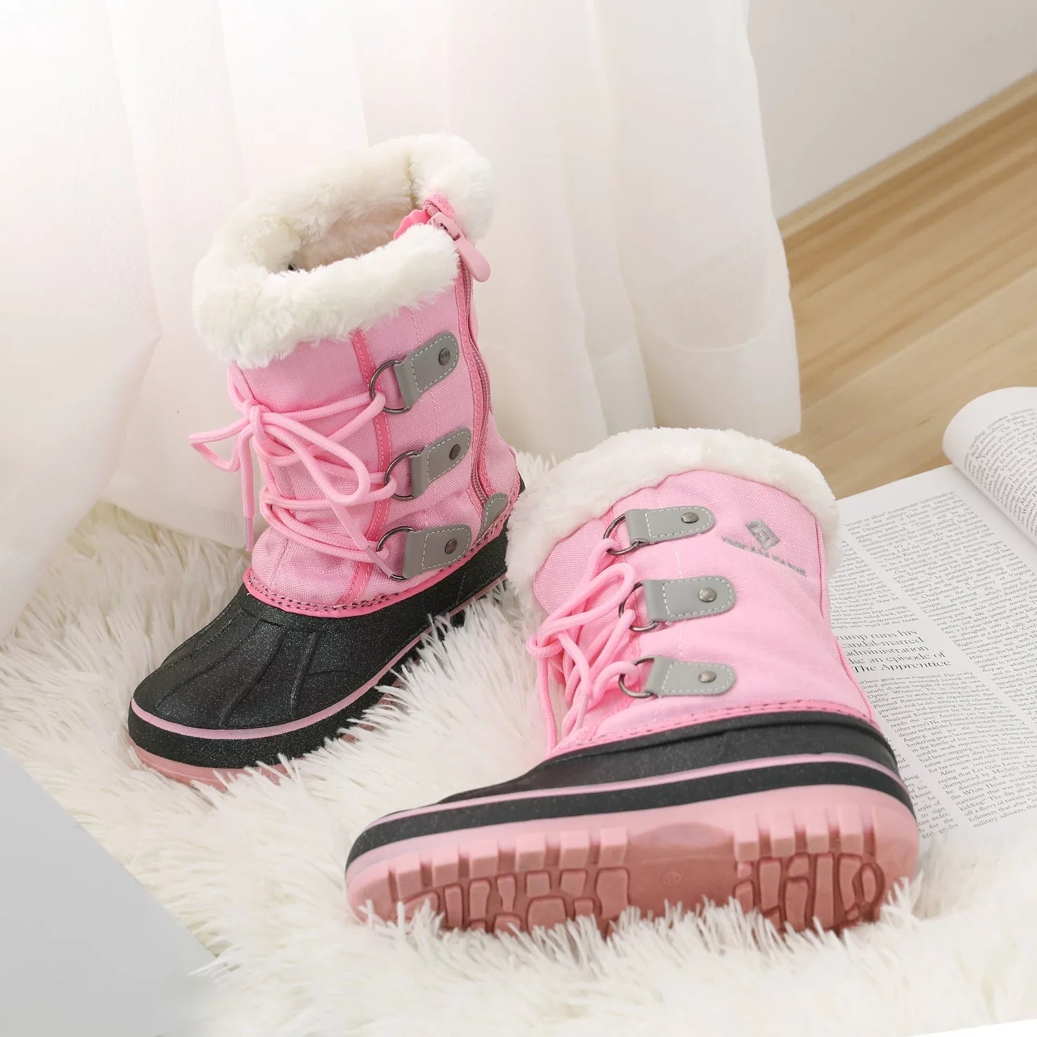 Dream Pairs Boys Girls Toddler Kids Ankle Winter Snow Boots Faux Fur-Lined Soft Boots Shoes Warm FORESTER GREY/PINK Size 12 little kid