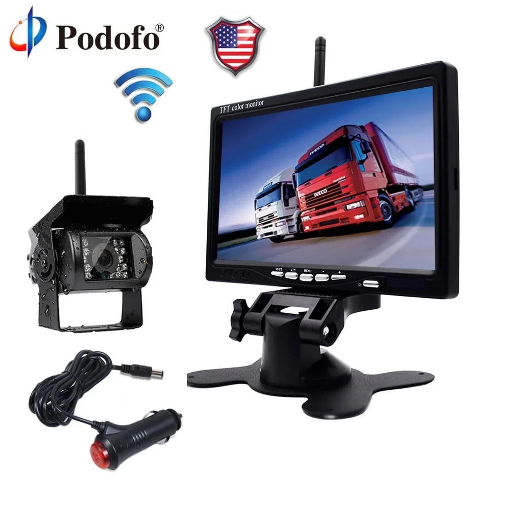 Podofo Vehicle Reverse Backup Cameras Monitor System Kit 12V/24V; 1080P Front Side Rear View Camera for RV Bus Truck Trailer Caravan Camper