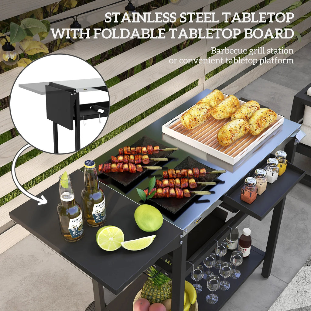Outdoor Bar Cart with Stainless Steel Tabletop; Kitchen Island with Wheels; 2 Tiers & Seasoning Shelf; Patio Serving Cart with Hooks; Towel & Garbage Bag Holder; Plates & Spice Jars; Black