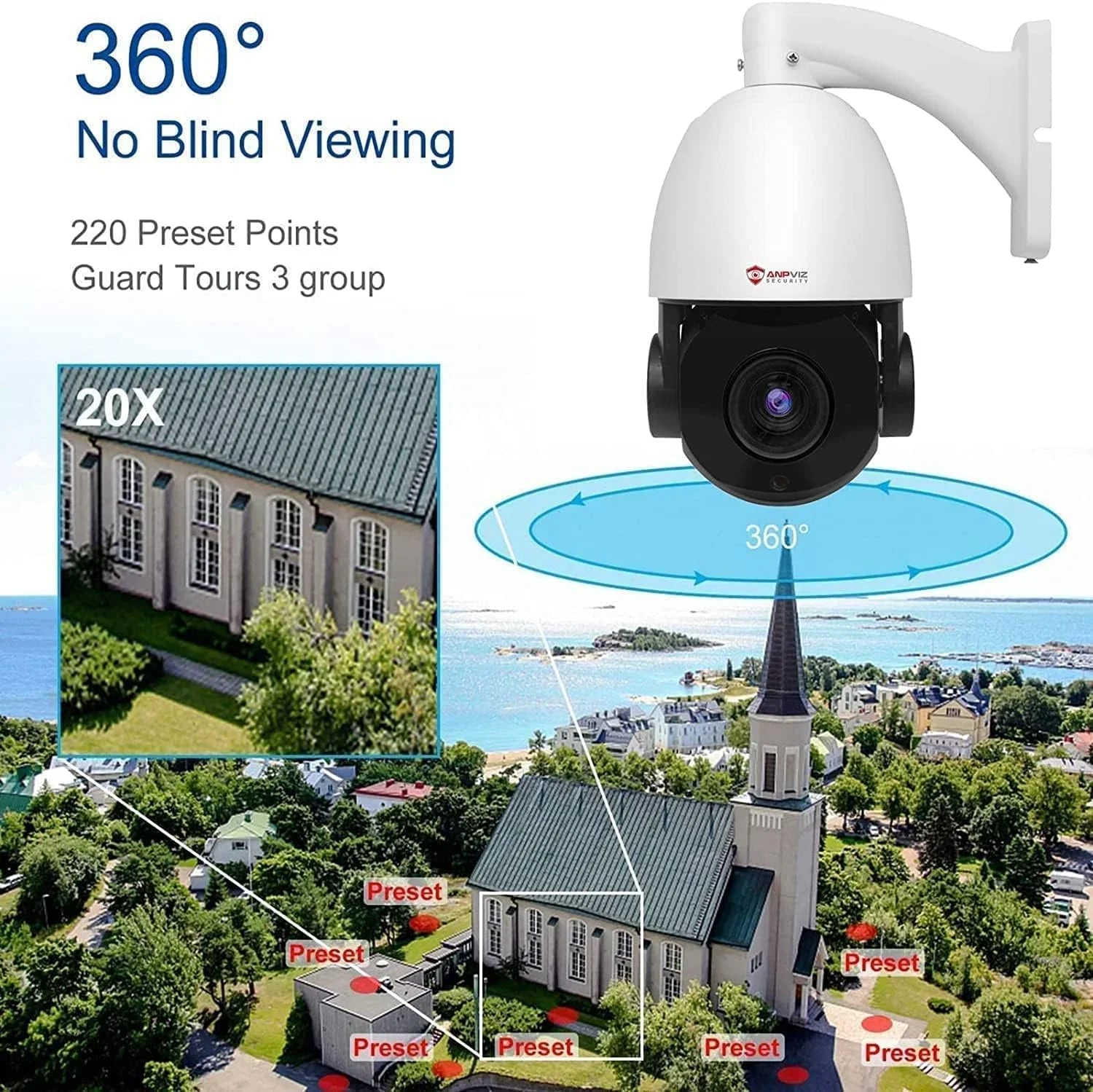 Anpviz 5MP PoE PTZ IP Surveillance Camera 20X Optical Zoom; PTZ IP Security Camera Outdoor Indoor with Mic/Audio; Person Vehicle Detection; IR Night Vision; Metal; Pan 360°/Tilt 90°; IP66 Fluidproof