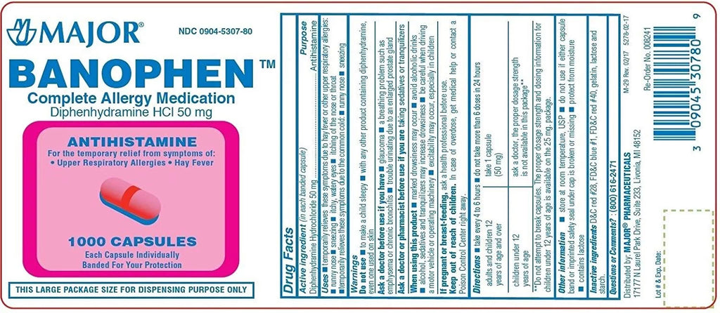 Pack 4 Banophen Diphenhydramine Capsules; 50mg; 1000ct