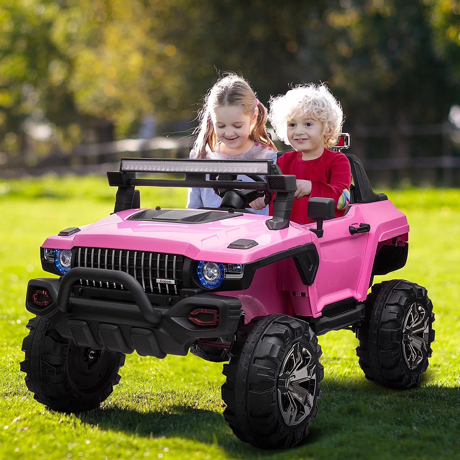Aosom 12V Kids Current-activated 2-Seater Ride On Police Car SUV Truck Toy with Parental Remote Control; Pink