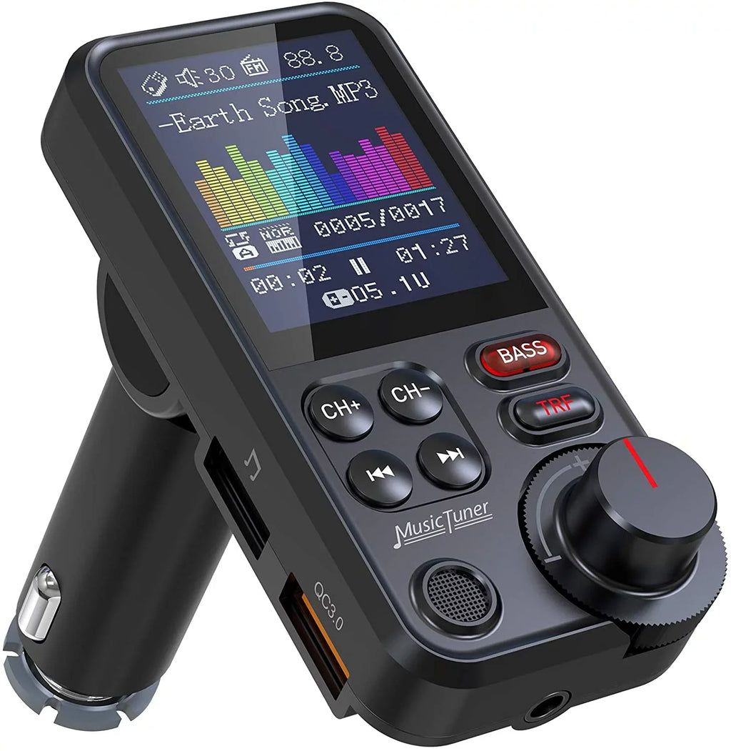 FM Bluetooth Transmitter for car; Strong Microphone Bluetooth Car Adapter with 1.8" Color Screen for Hands Free Calls; Supports QC3.0 Charging; Treble and Bass Sound Music Player- KM30
