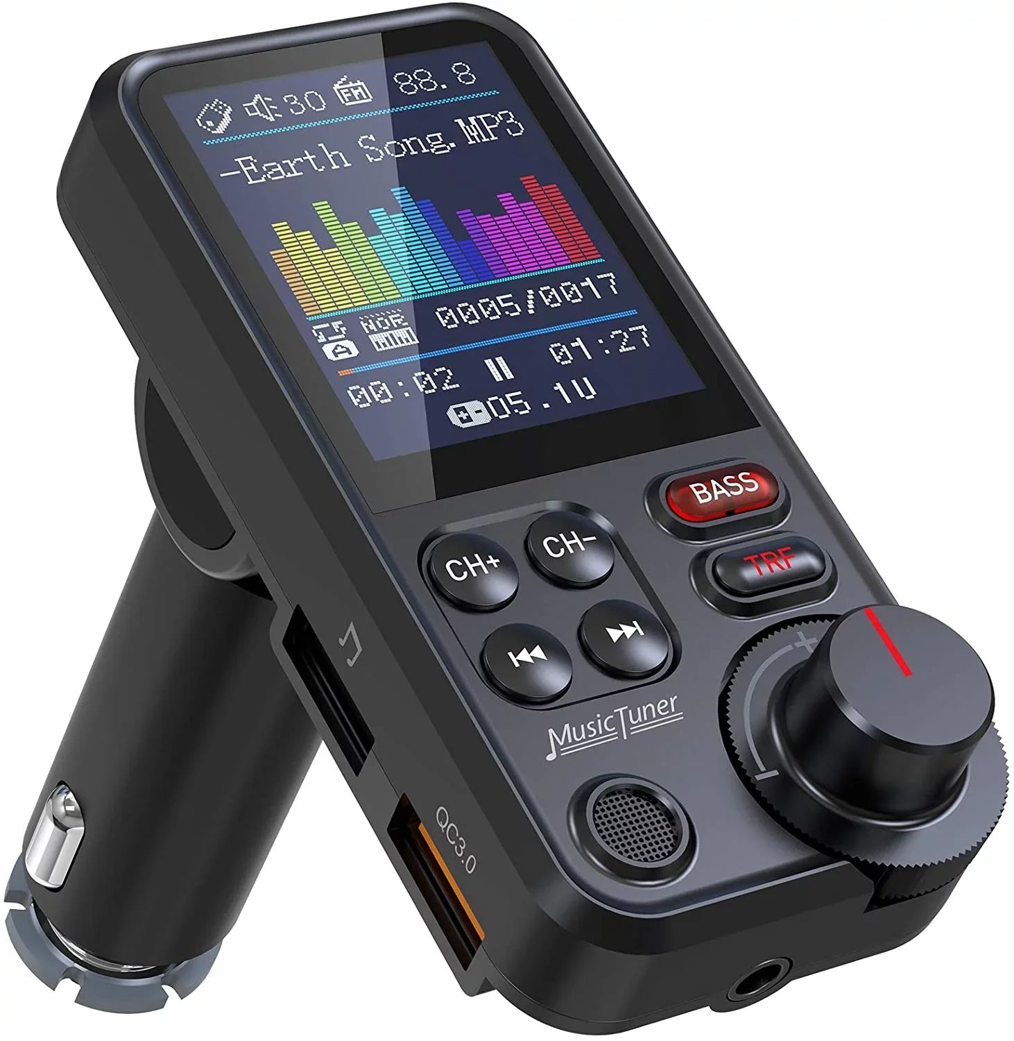 FM Bluetooth Transmitter for car; Strong Microphone Bluetooth Car Adapter with 1.8" Color Screen for Hands Free Calls; Supports QC3.0 Charging; Treble and Bass Sound Music Player- KM30