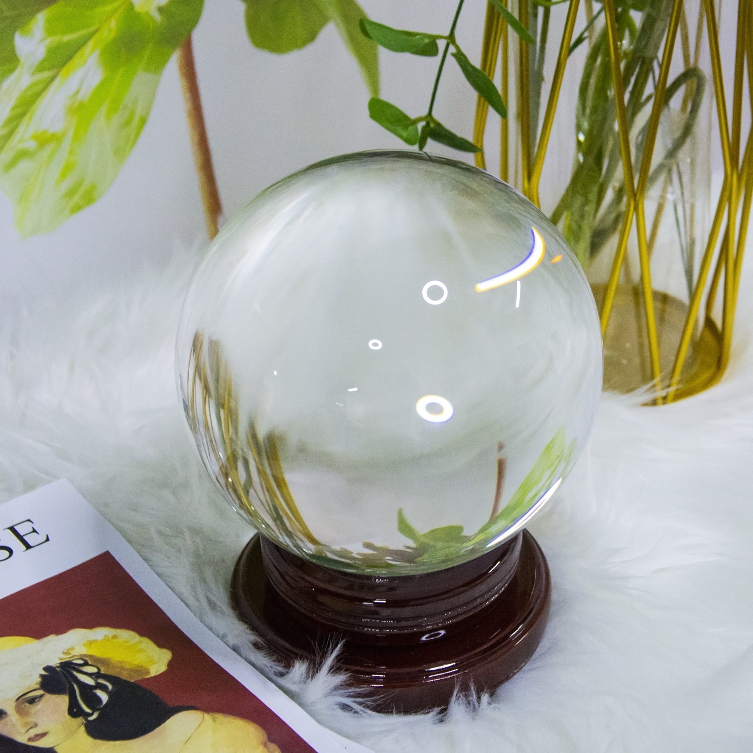 bimiti 5.9" Clear Crystal Glass Ball; 150mm Large Glass Marbles Sphere Magic Witch Ball with Wood Stand for Gift