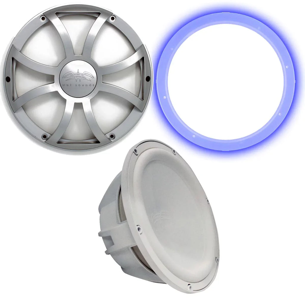 Wet Sounds Revo 12" Subwoofer; Grill; & RGB LED Ring - White Subwoofer & Silver XS Grill - 2 Ohm
