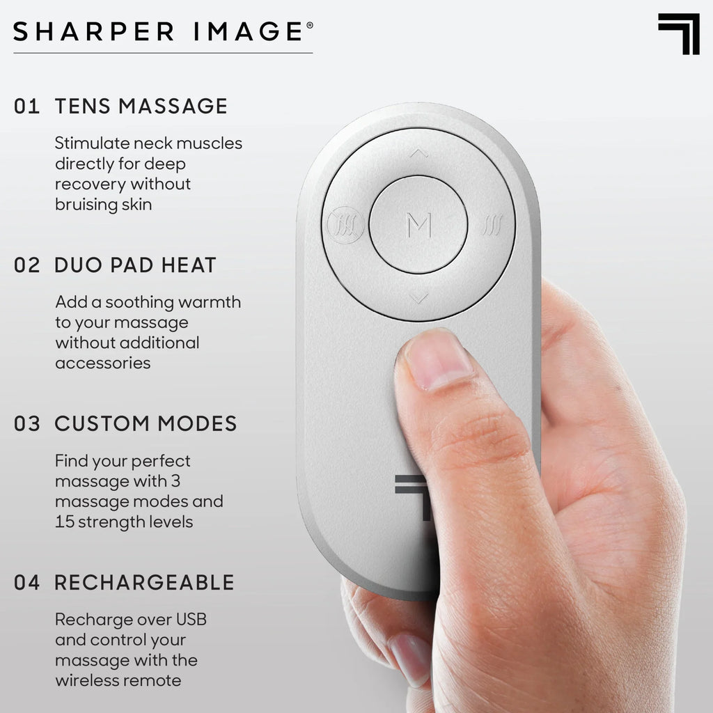 Sharper Image® Neck Tens Muscle Stimulator with Soothing Heat & Wireless Remote; Pain Relief Therapy With 3 Massage Modes & 15 Intensity Levels; USB Rechargeable; 4 Hour Battery Life