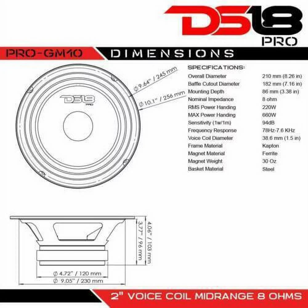 DS18 Pro GM 10 foot 660 watt Max 8 Ohm Mid Range Car and Truck Door Loudspeaker