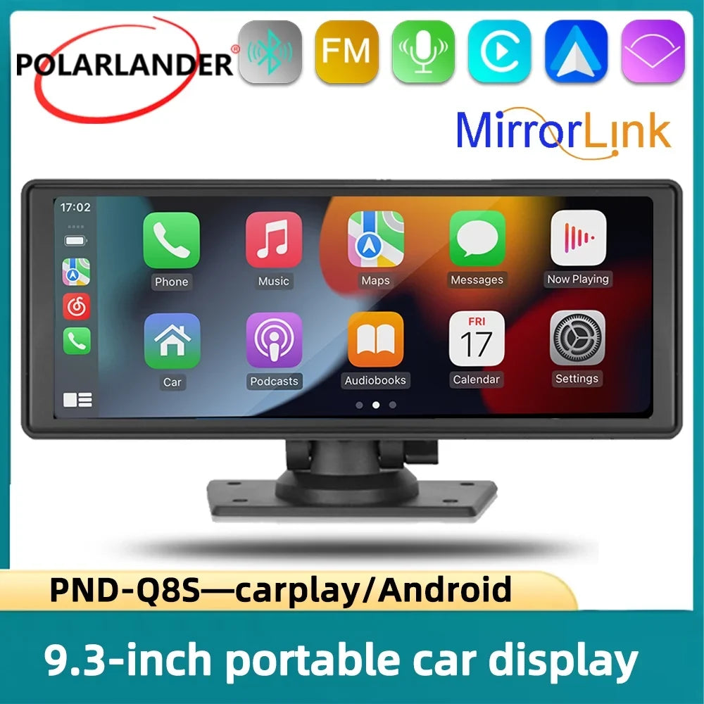 Polarlander 9.3" Wireless Carplay & Android Auto Portable Car Stereo; Front Dash Cam; Backup Camera; Bluetooth Hands-Free Calling; HD IPS Touchscreen;Supports Most Cars