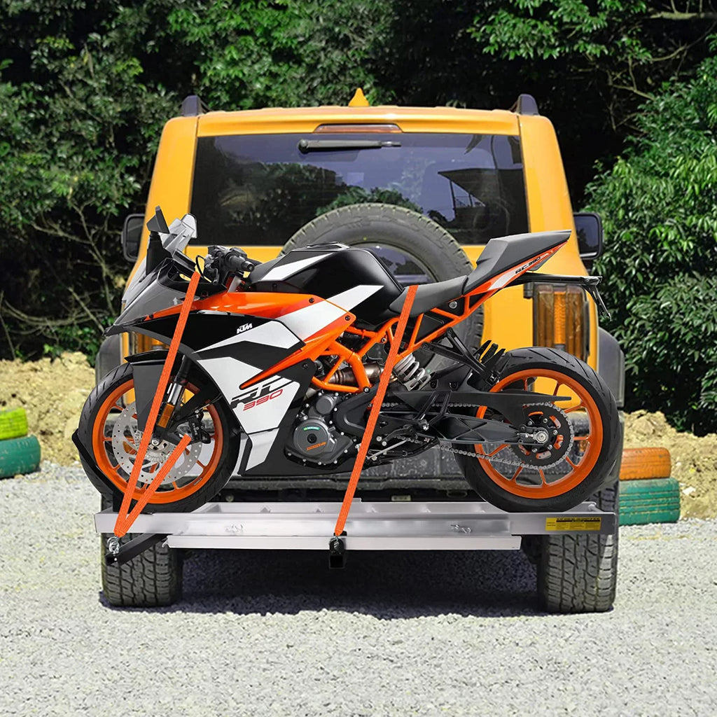 Aluminum Motorcycle Carrier with Loading Ramp; 2" receiver Hitch-Mounted Motorcycle Dirt Bike Scooter Carrier Hitch Rack Hauler Trailer