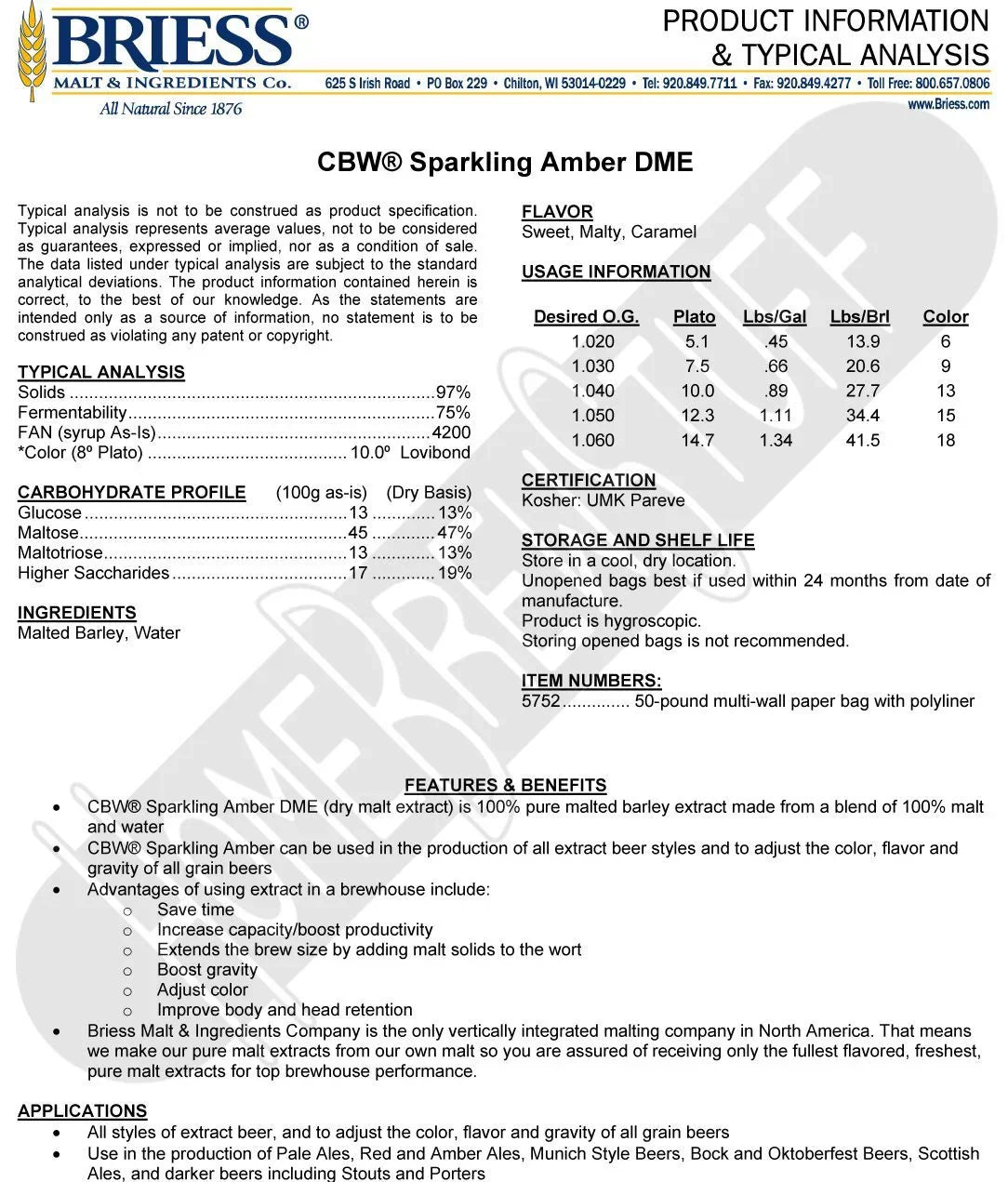Homebrewstuff 10lbs Briess Sparkling Amber Dry Malt Extract DME Homebrew Home Brewing Beer