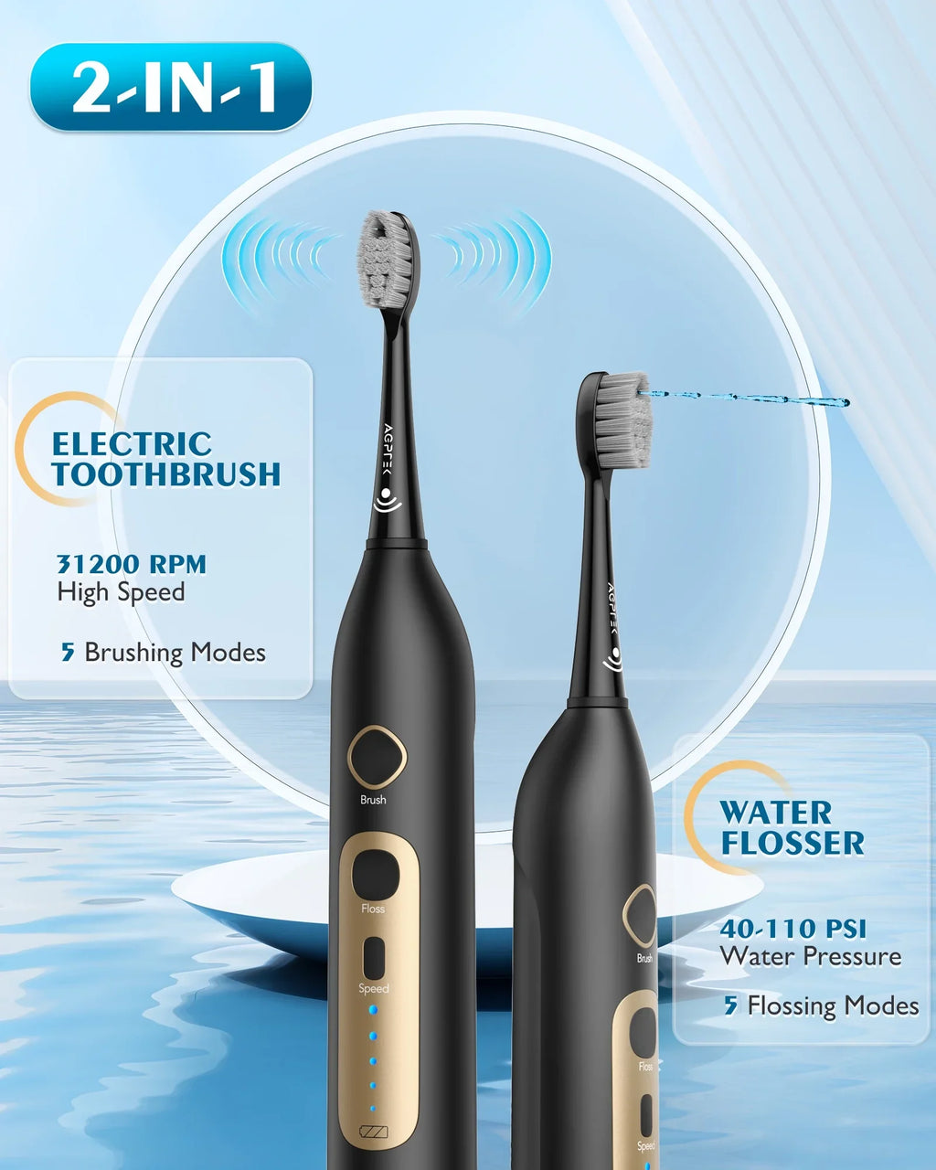 AGPTEK Flosser and Current-activated Toothbrush Combo; 2 in 1 Cordless Flosser & Sonic Toothbrush with 5 Levels for Teeth; Gums; Braces - 14 Days Battery Life; 500ML; IPX7 Fluidproof