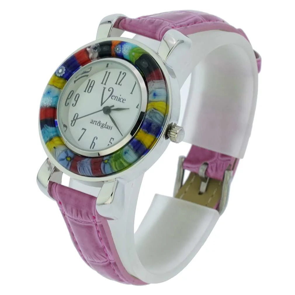 GlassOfVenice Serena Murano Millefiori Watch With Leather Band - Purple