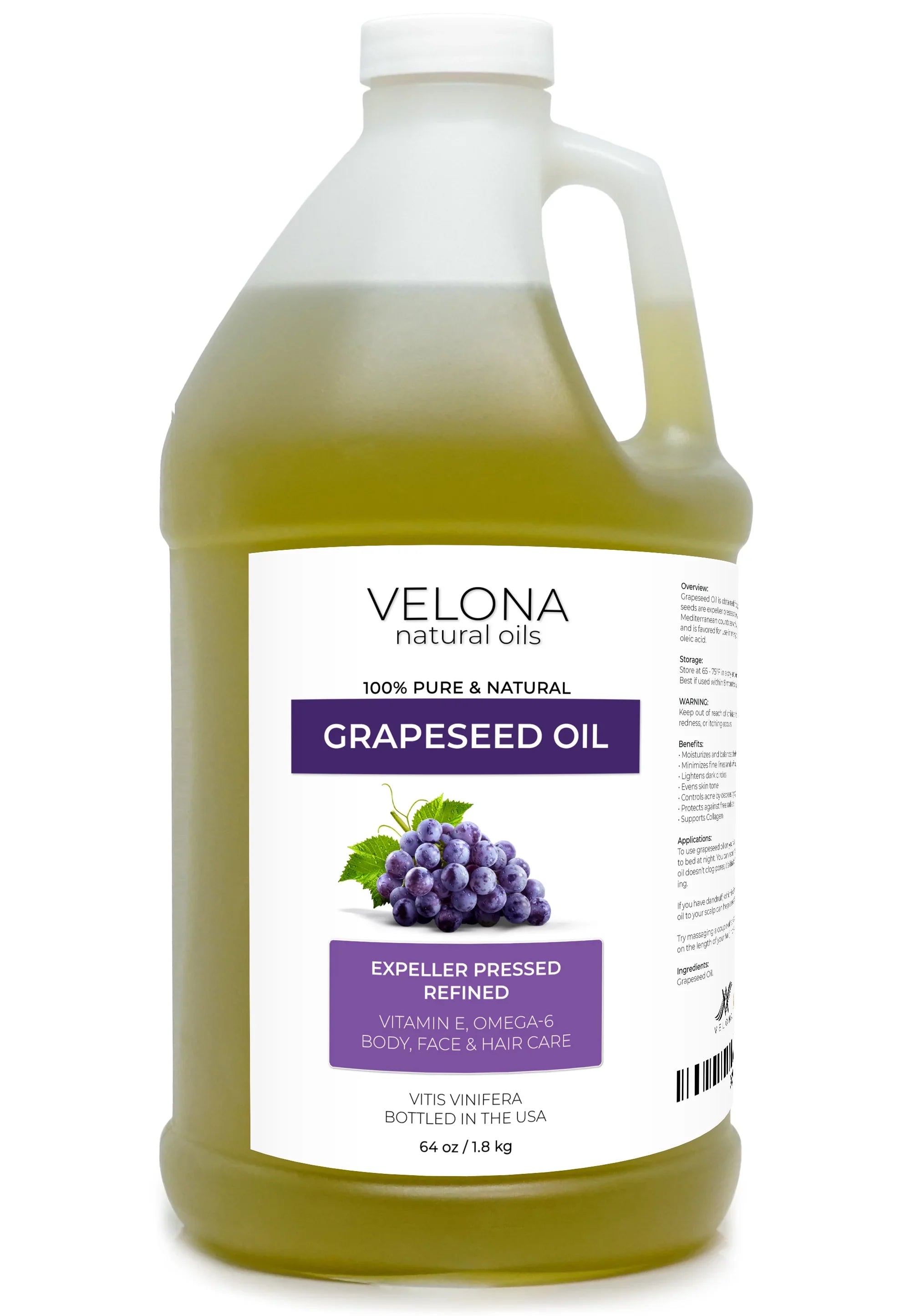 Velona Grapeseed Oil - 64 oz | 100% Pure and Natural Carrier Oil | Refined; Cold pressed | Cooking; Skin; Face; Body; Hair Care