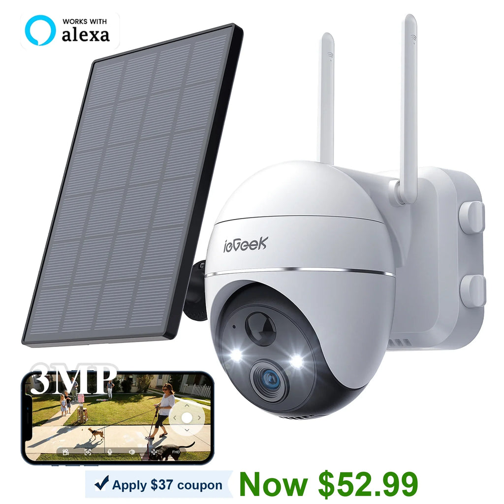 360° View PTZ Solar Security Cameras Wireless WiFi Outdoor; PIR Motion Detection; 2K/3MP Spotlight; Color Night Vision; Battery Powered Outdoor Solar Home Surveillance Camera; Work with Alexa