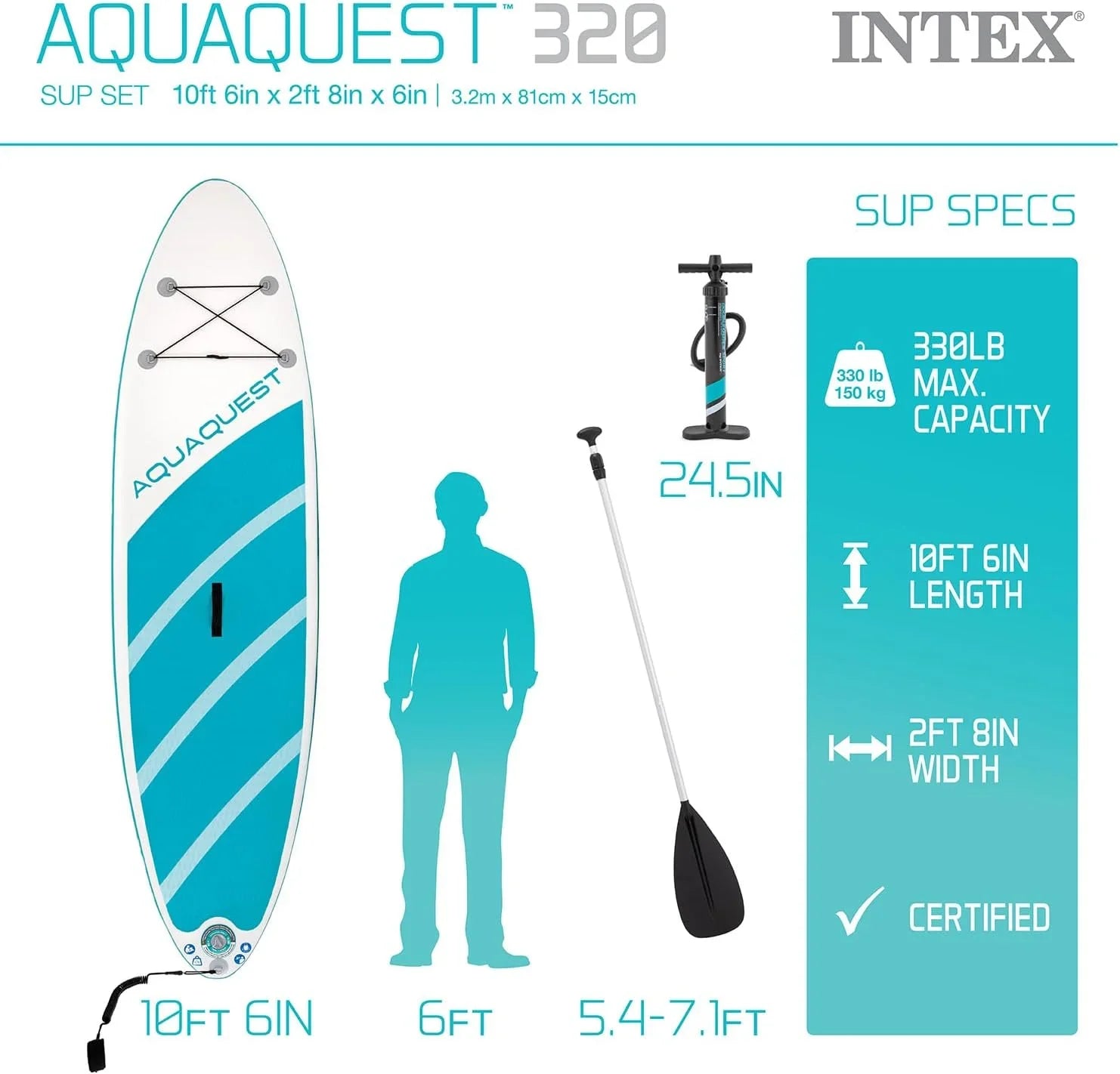 Open Box INTEX AquaQuest 320 Inflatable Paddle Board Series - TEAL