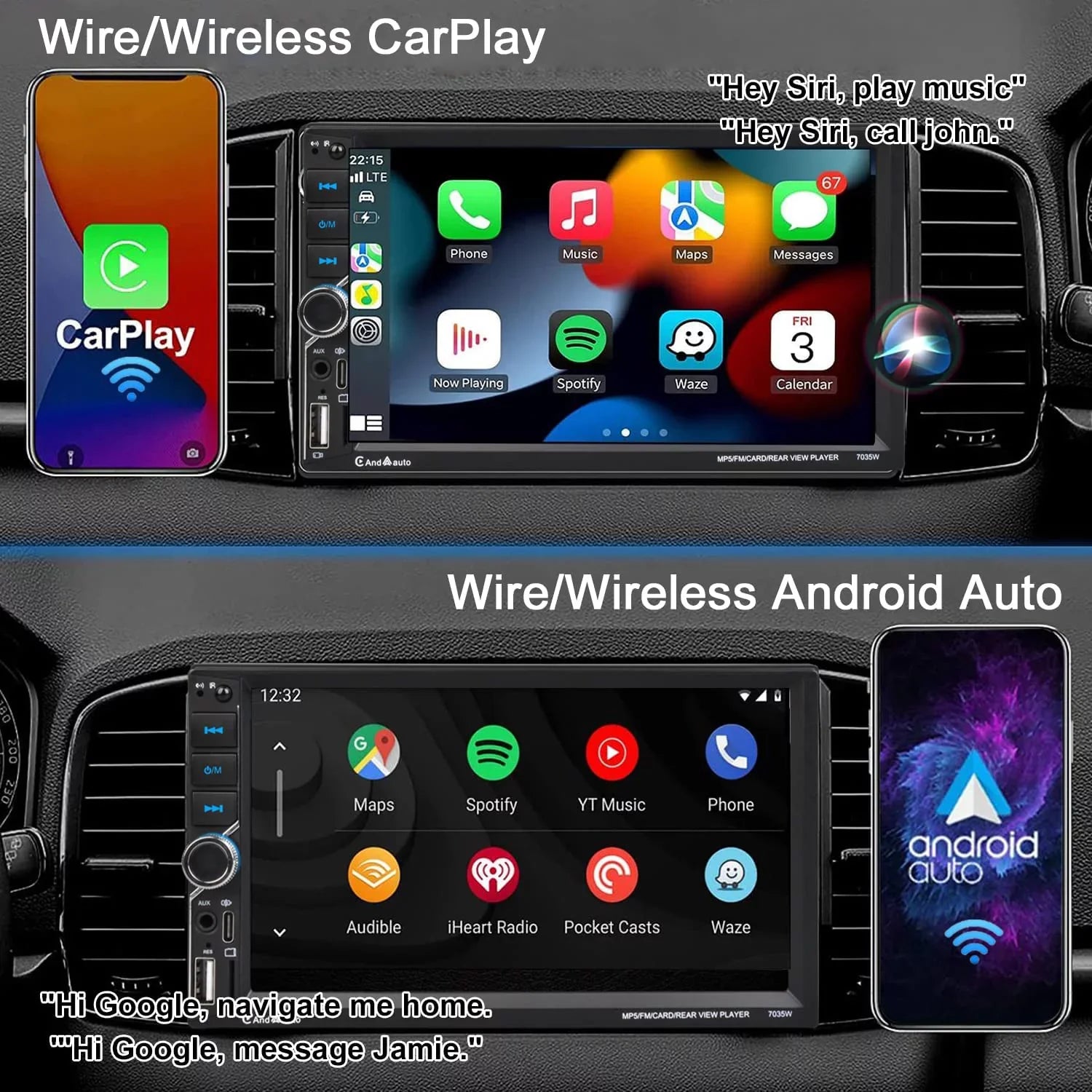 Alondy Double Din Car Stereo;Compatible with Wireless CarPlay/Android Auto;Type-C USB;7" Touchscreen;Mirror Link;Backup Camera;Bluetooth Voice Control;External Mic AUX SD DSP FM Radio Audio Receiver