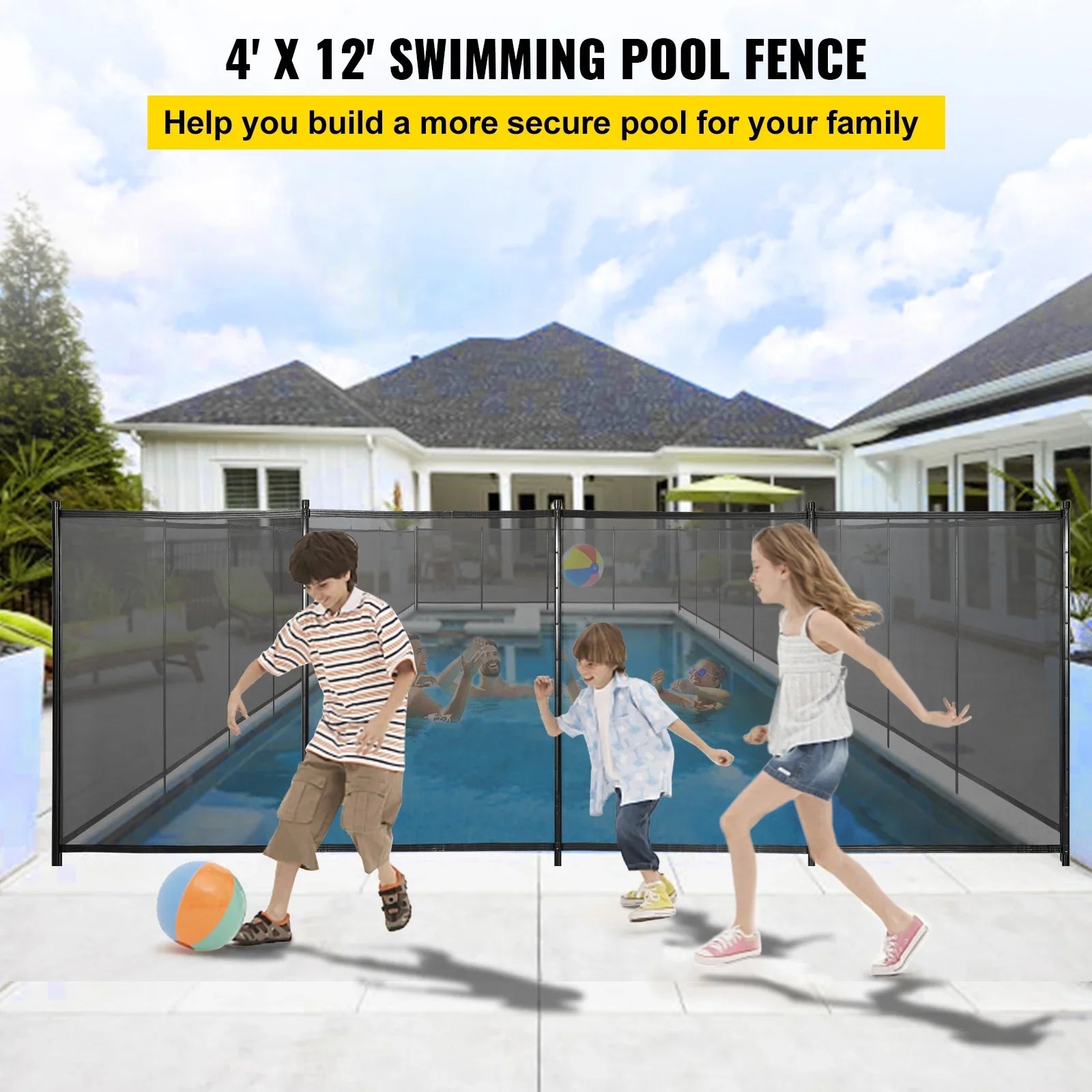 Pool Fencing Mesh; 4 x 12 ft Swimming Pool Fence; 1000D Fabric Removable Pool Fence with Aluminum Poles and Foot Tubes; Breathable Pool Fences for Inground Pools for Security and Privacy