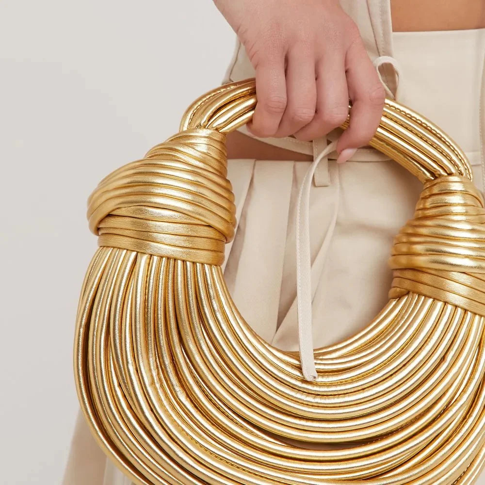 Chic Gold Vegan Leather Weave Handbag: Elegant Style for Parties; Holidays; and Dates