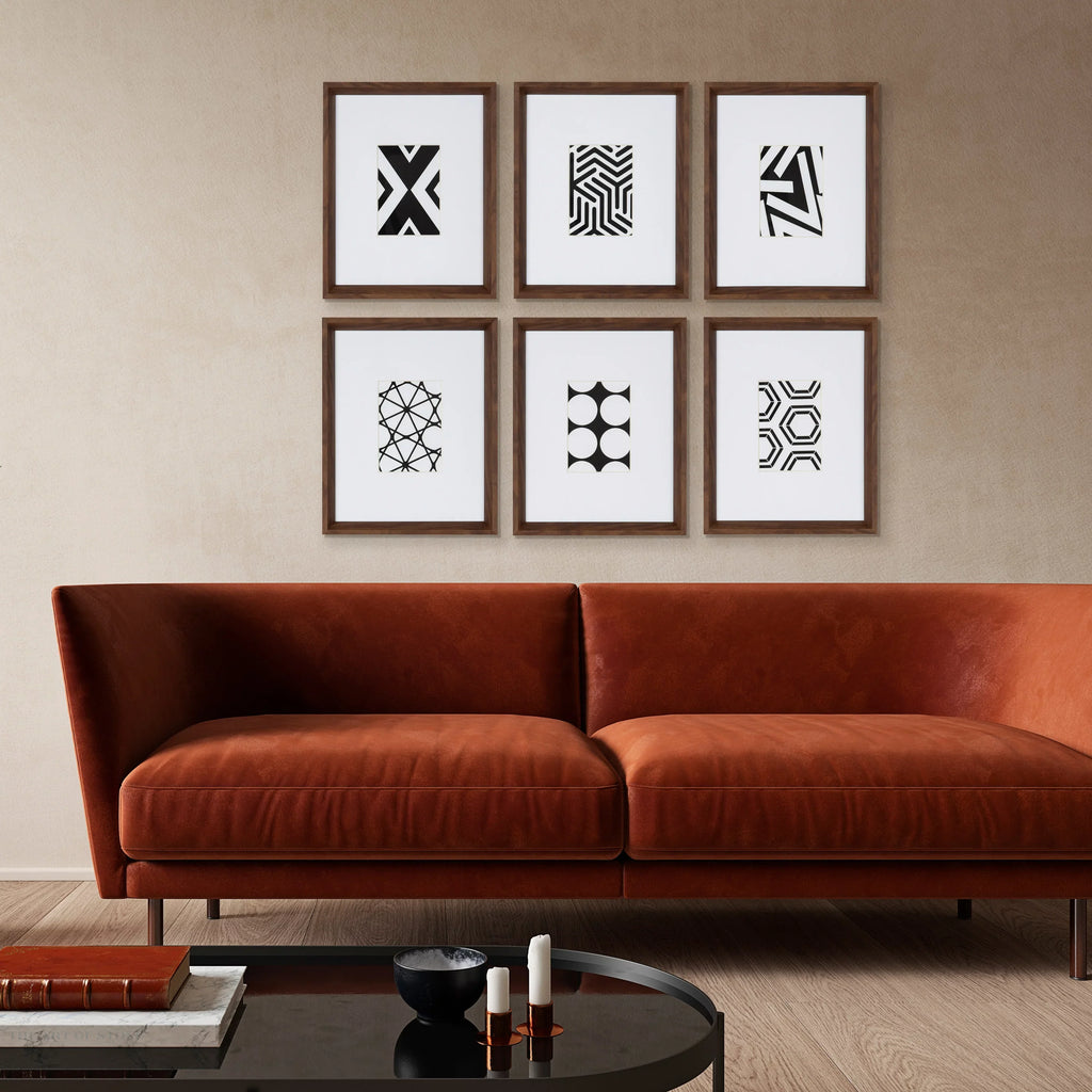 Kate and Laurel Calder Modern Framed Abstract Art Prints; Set of 6; Walnut Brown; Mid-Century Wall Decor for Display