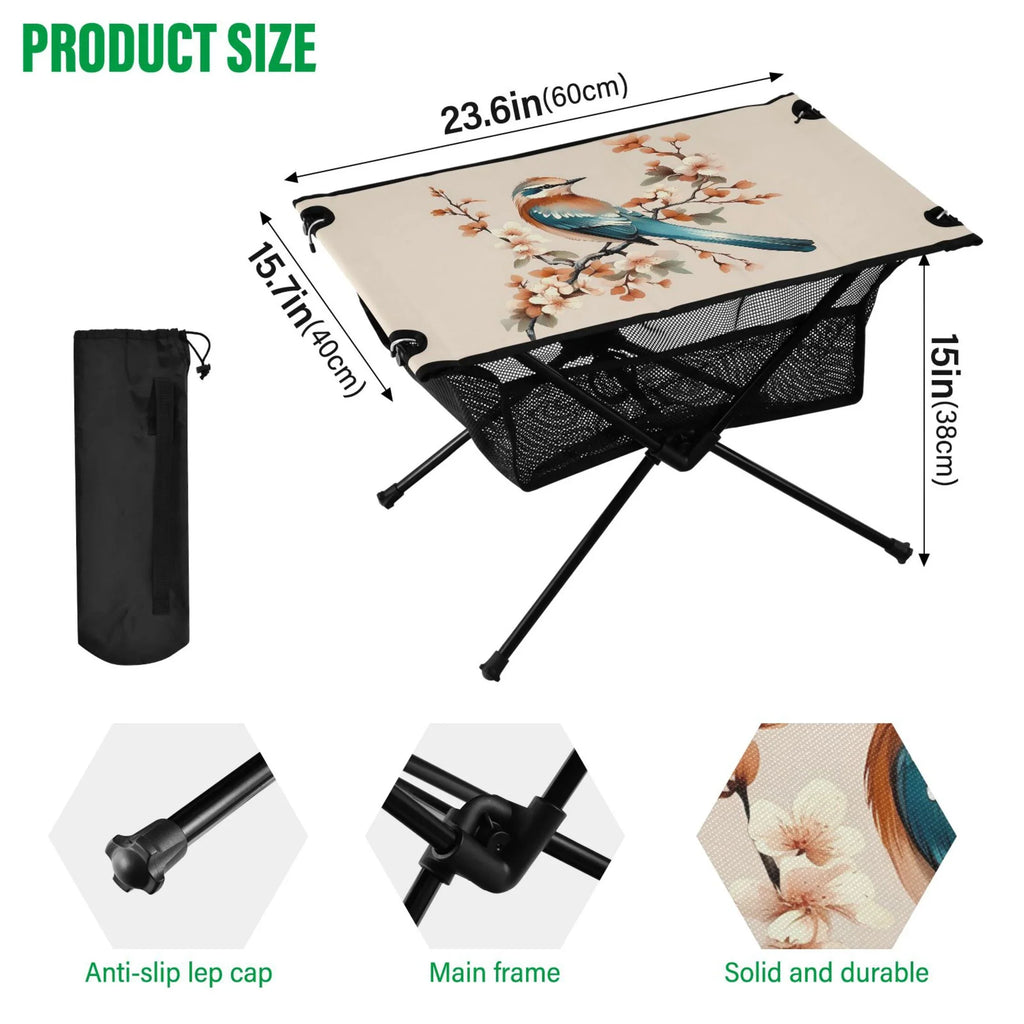 Birds on Flower Branches Camping Folding Table Portable Beach Table with Storage Bag Compact Picnic Table for Outdoor Travel Fishing BBQ