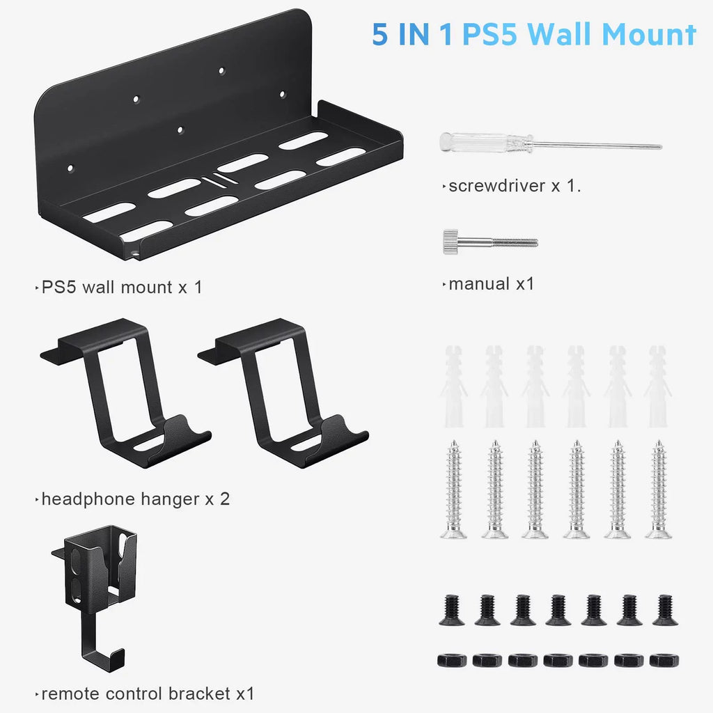 PS5 Wall Mount; 5 in 1 Playstation 5 Wall Mount (Disc and Digital Edition) Wall Bracket for Playstation 5 with Detachable Controller Holder & Headphone Hanger & Remote Control Bracket (Black)