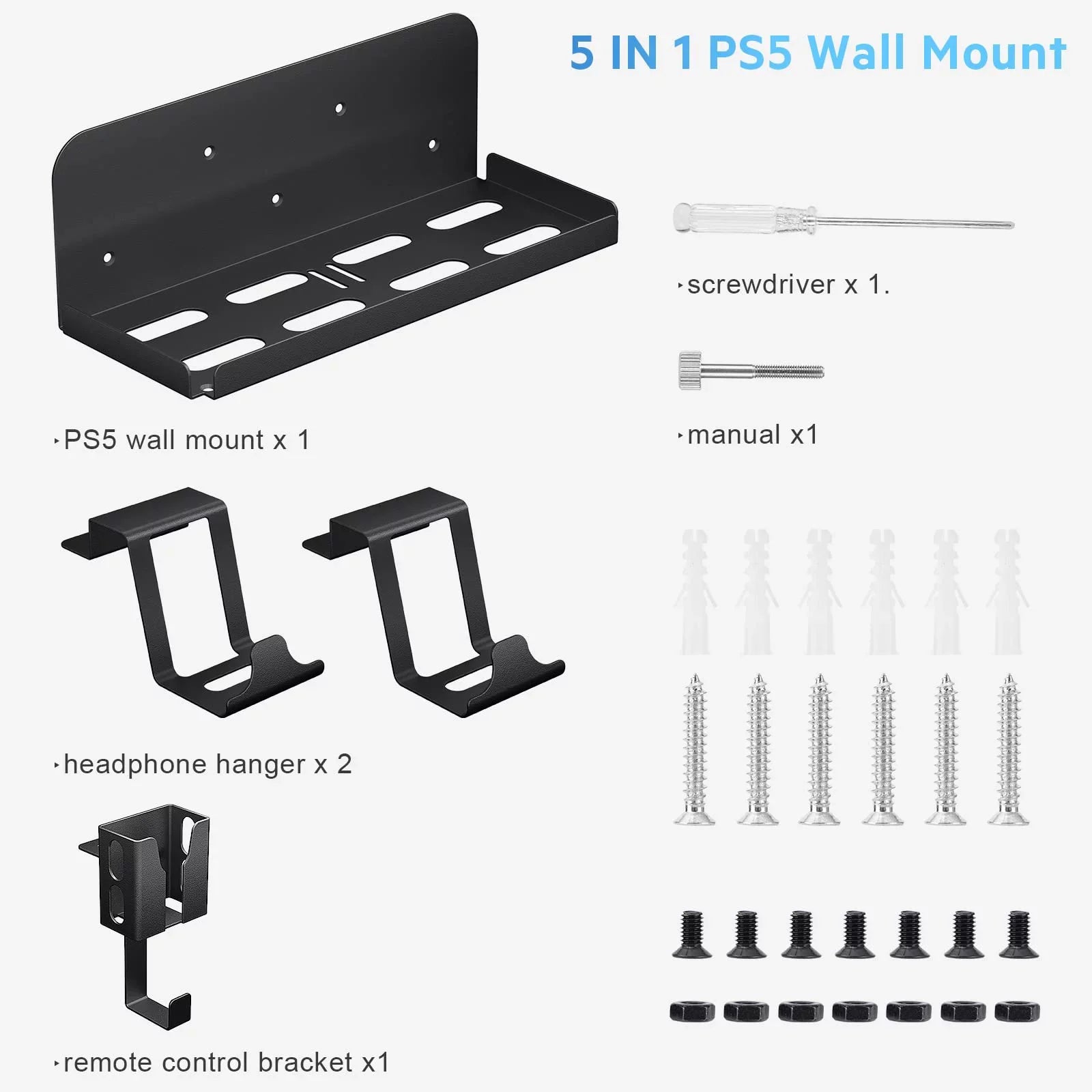 PS5 Wall Mount; 5 in 1 Playstation 5 Wall Mount (Disc and Digital Edition) Wall Bracket for Playstation 5 with Detachable Controller Holder & Headphone Hanger & Remote Control Bracket (Black)