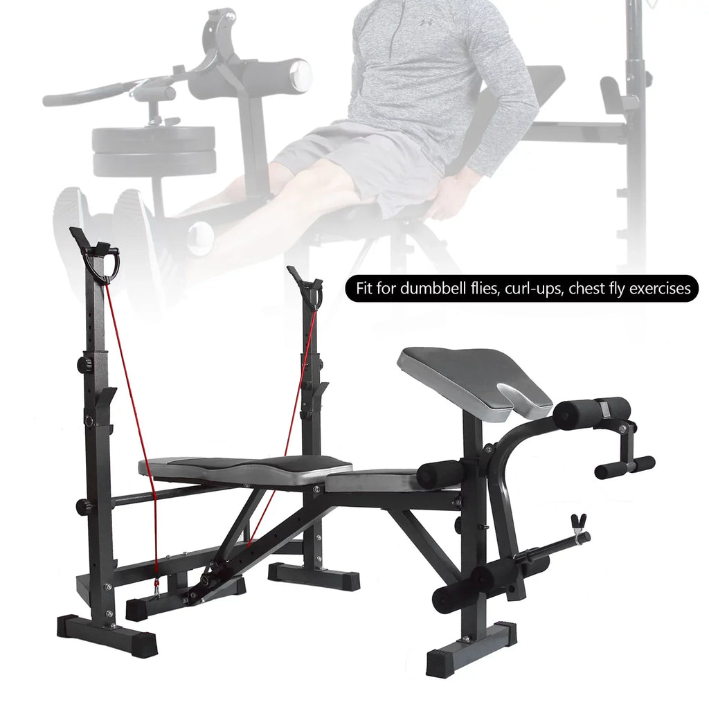 US Stock Body Champ Olympic Weight Bench; Workout Equipment for Home Workouts; Bench Press with Preacher Curl; Leg Developer and Crunch Handle for At Home Workouts