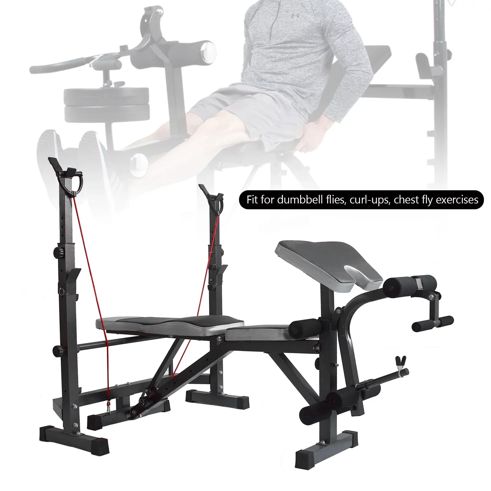 US Stock Body Champ Olympic Weight Bench; Workout Equipment for Home Workouts; Bench Press with Preacher Curl; Leg Developer and Crunch Handle for At Home Workouts