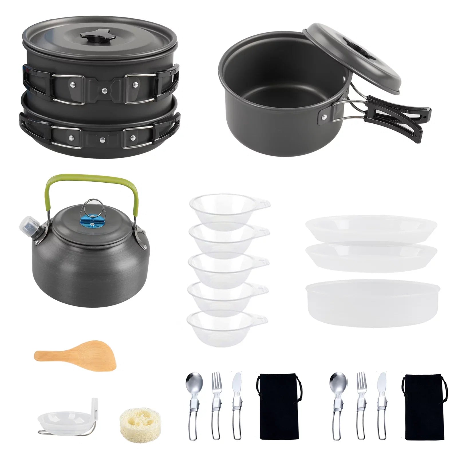 Anself Camping Cookware Mess Kit Non Stick Pot and Pan Set with Kettle for Cooking and Backpacking