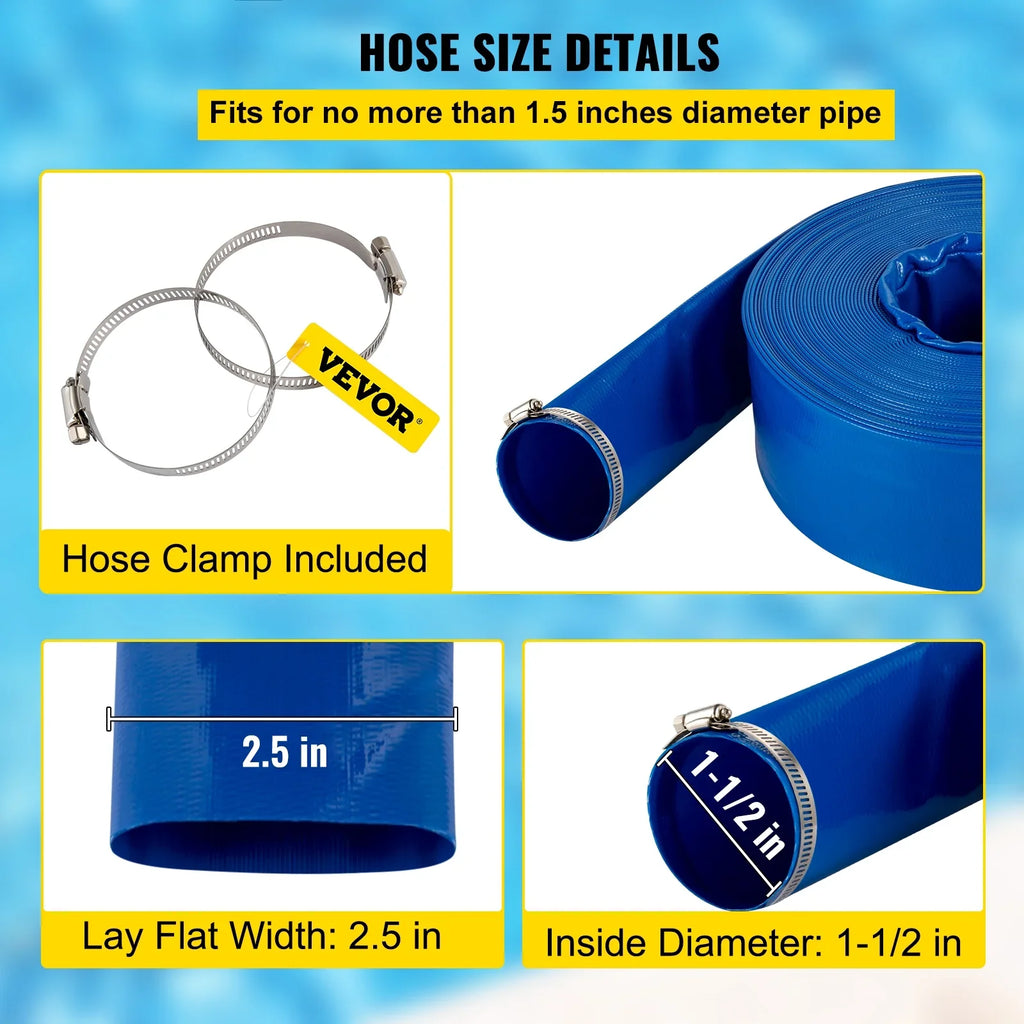 BENTISM Discharge Hose; 1-1/2" x 105'; Fabric Lay Flat Hose; Heavy Duty Backwash Drain Hose with Clamps; Weather-proof & Burst-proof; Ideal for Swimming Pool & Transfer