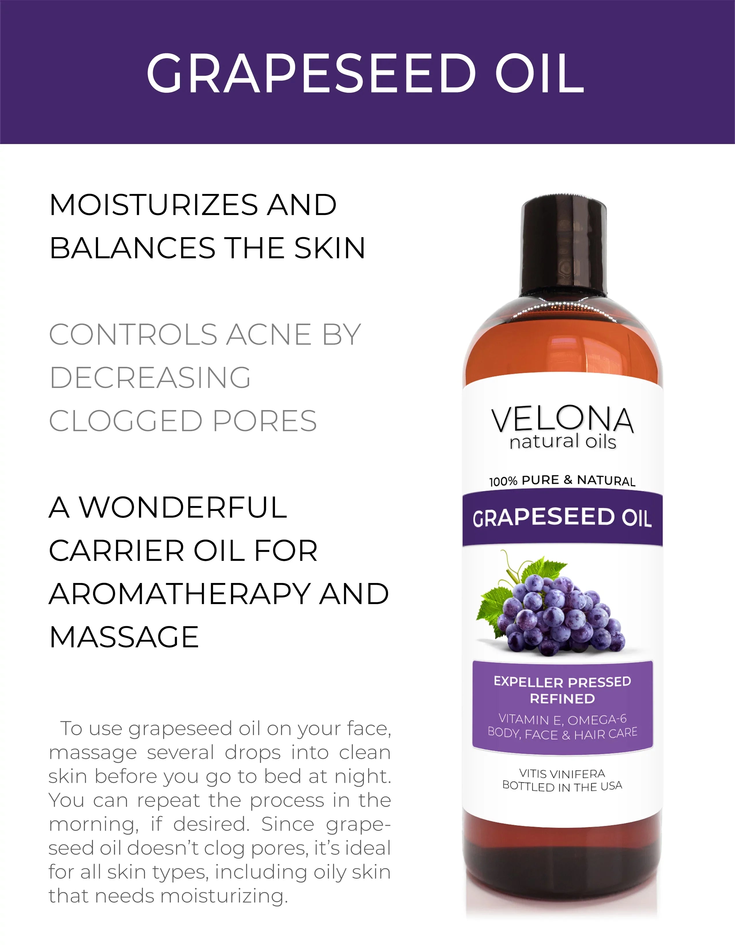 Velona Grapeseed Oil - 64 oz | 100% Pure and Natural Carrier Oil | Refined; Cold pressed | Cooking; Skin; Face; Body; Hair Care